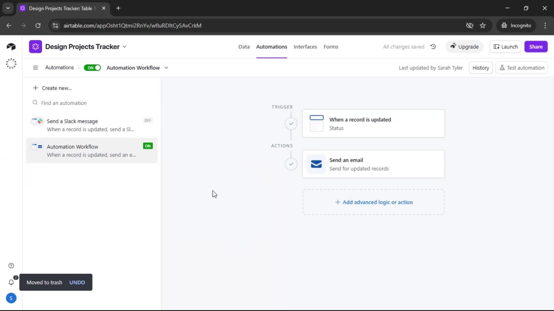 Creating an automation workflow screenshot