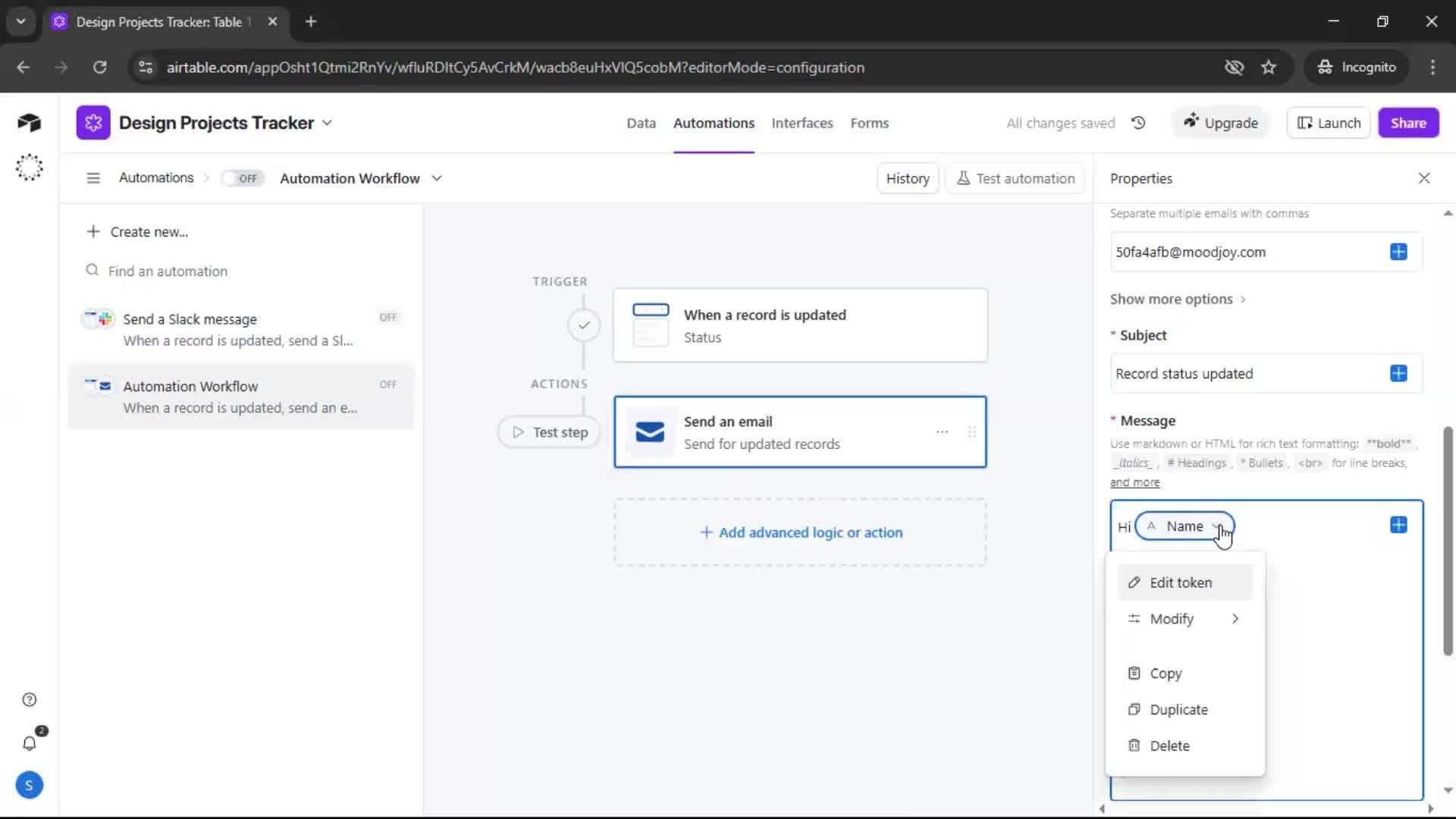 Creating an automation workflow screenshot