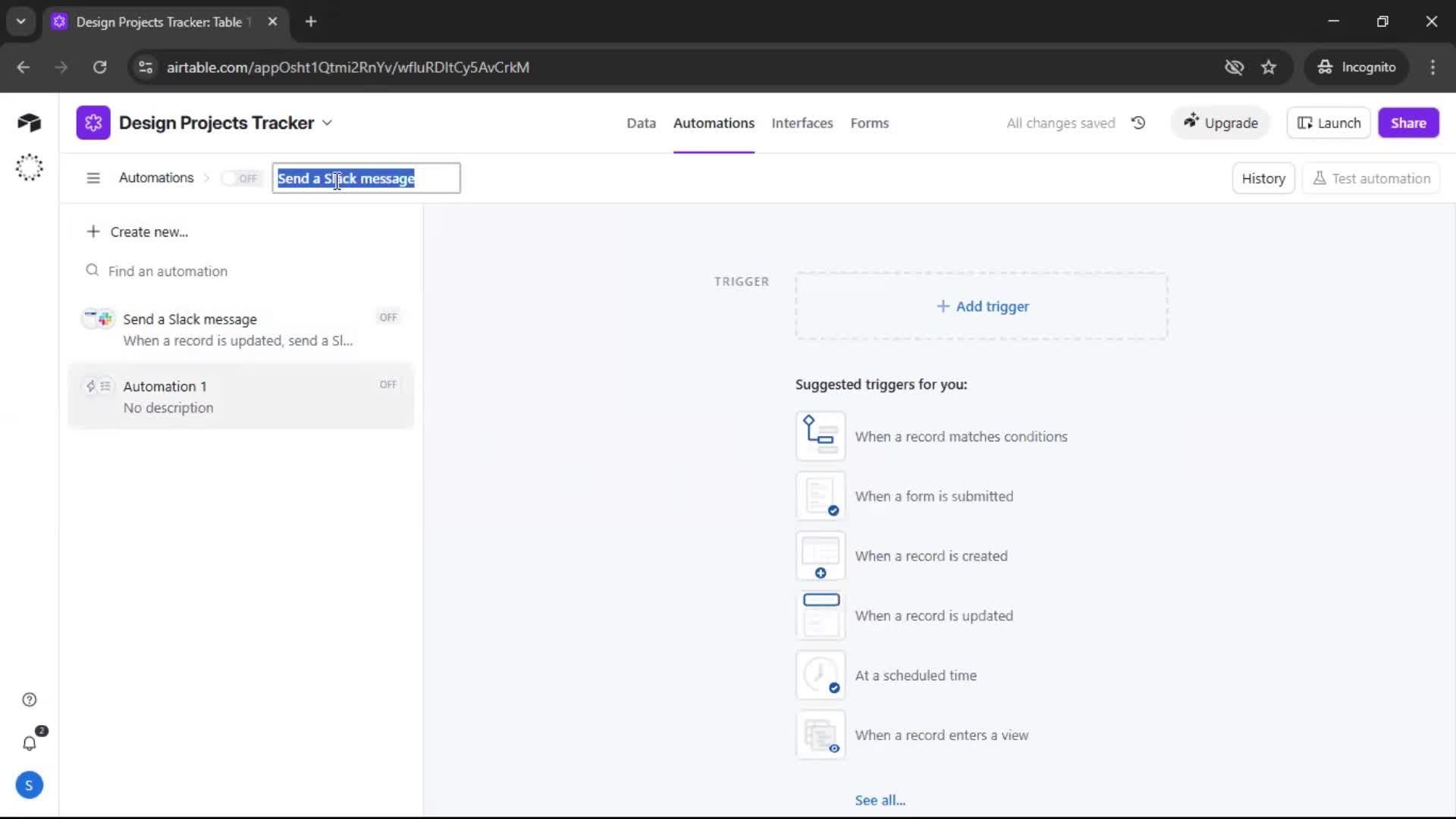 Creating an automation workflow screenshot