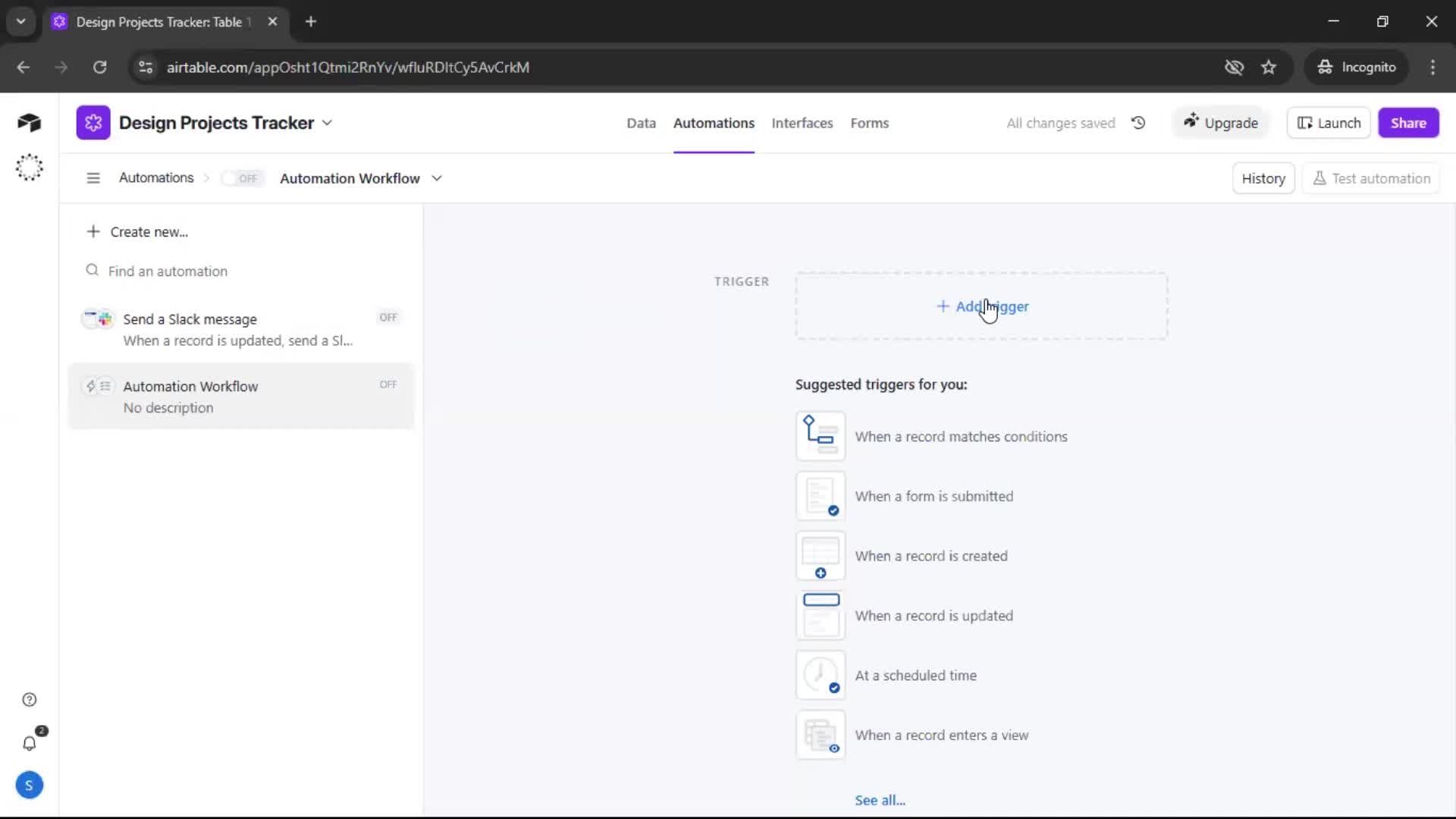 Creating an automation workflow screenshot