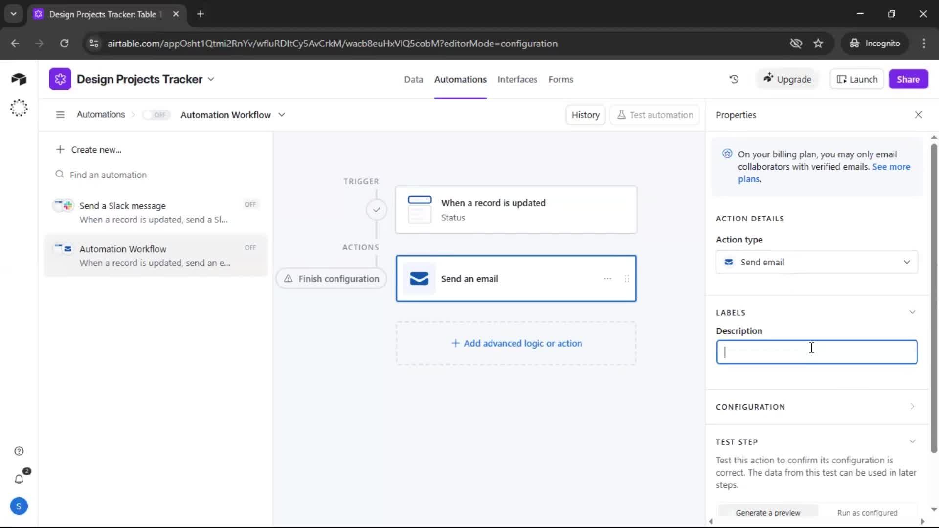 Creating an automation workflow screenshot