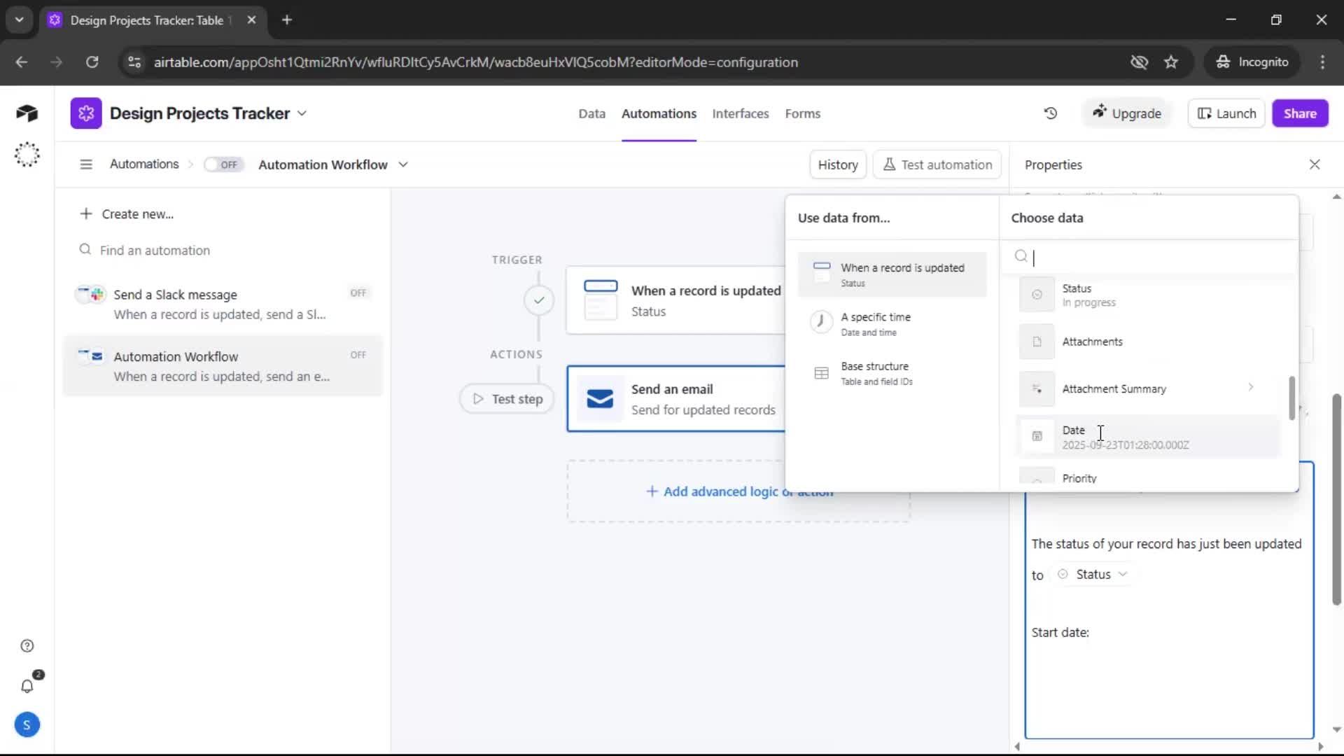 Creating an automation workflow screenshot