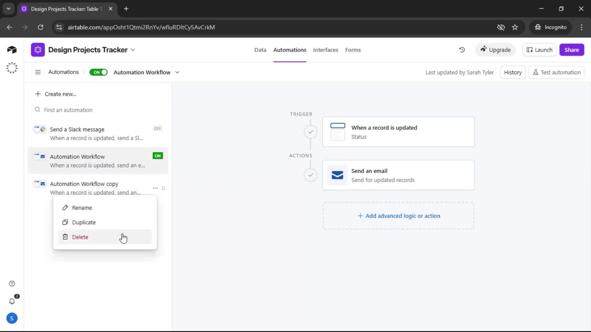 Creating an automation workflow screenshot