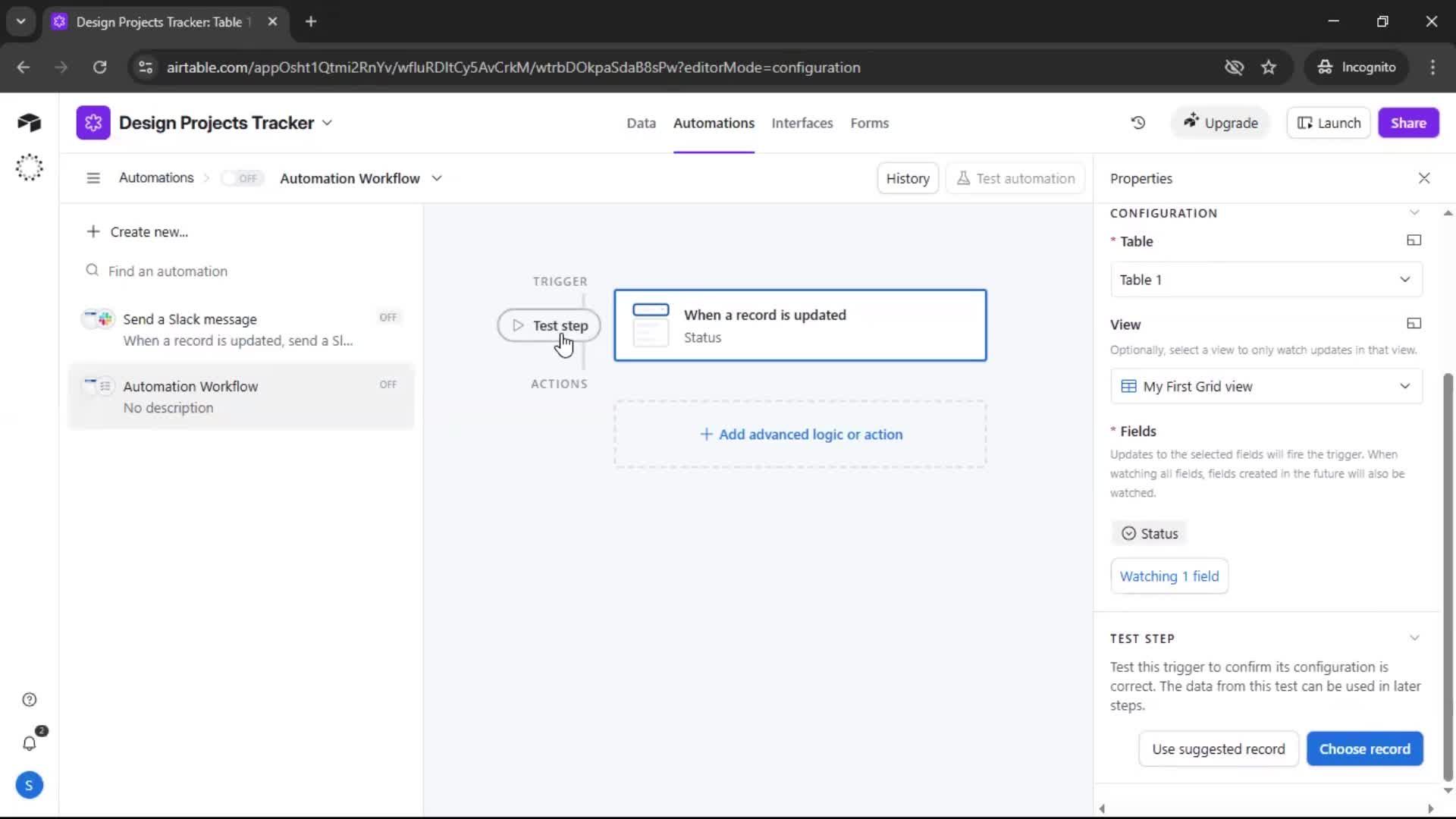 Creating an automation workflow screenshot