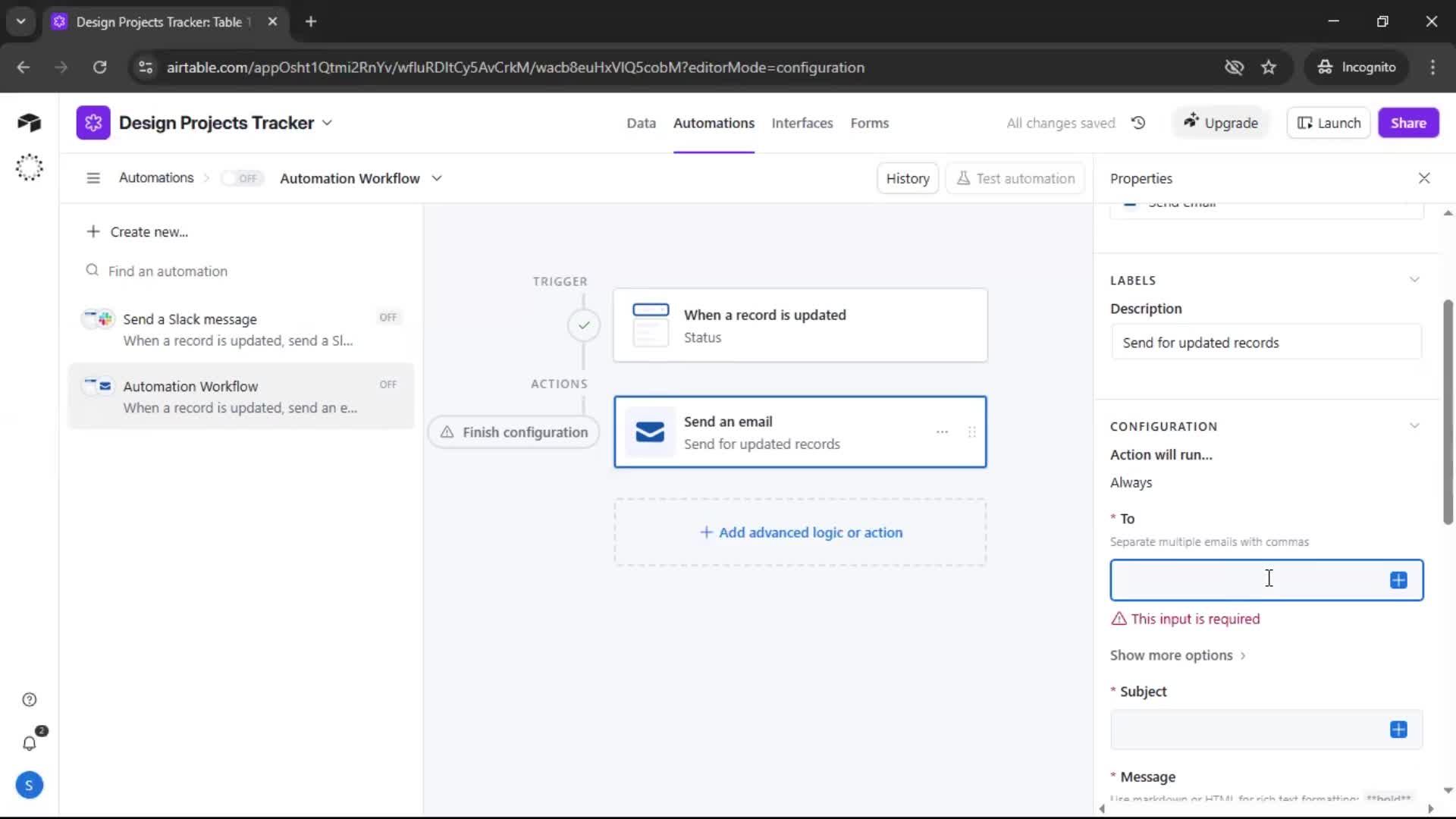 Creating an automation workflow screenshot
