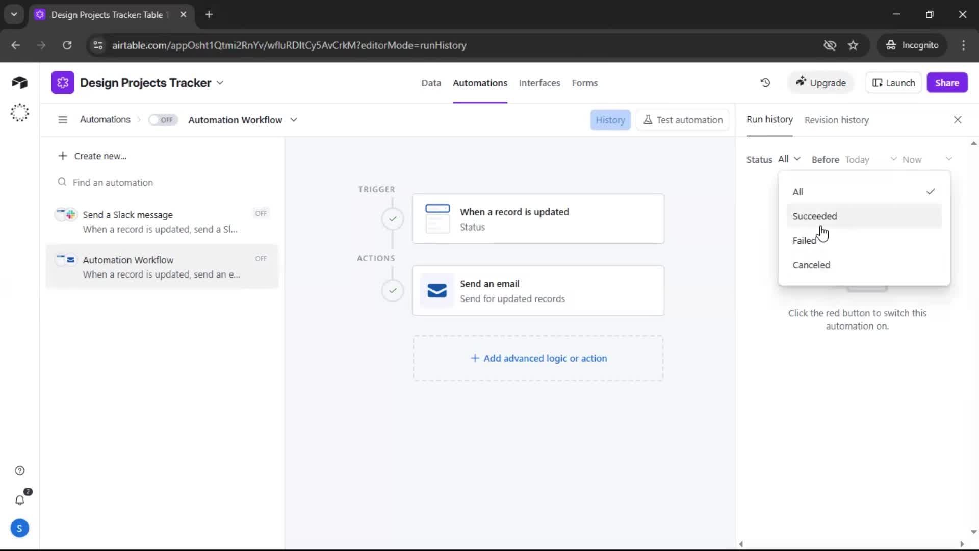 Creating an automation workflow screenshot