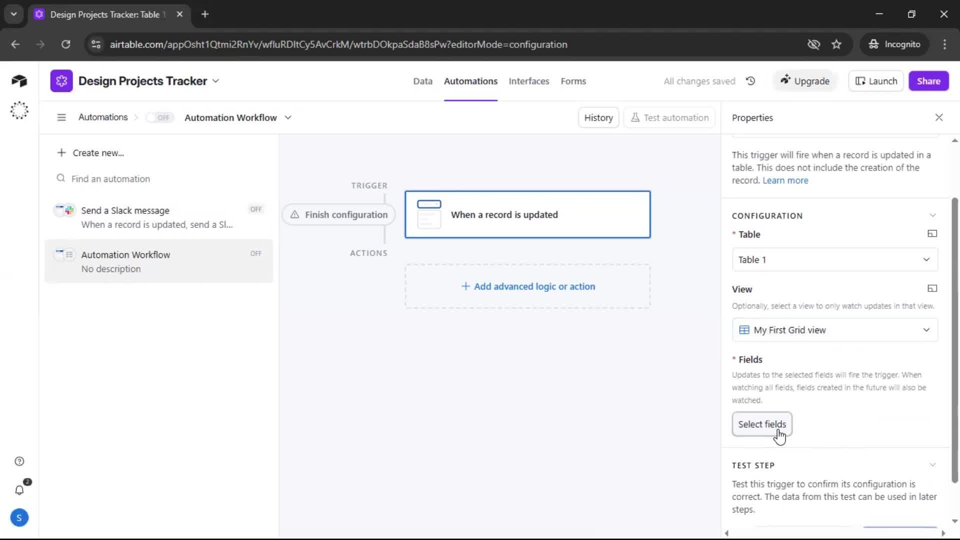 Creating an automation workflow screenshot