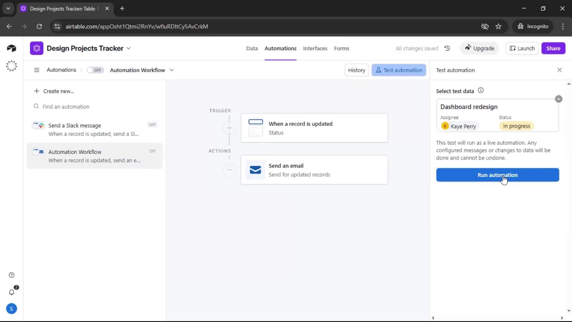 Creating an automation workflow screenshot