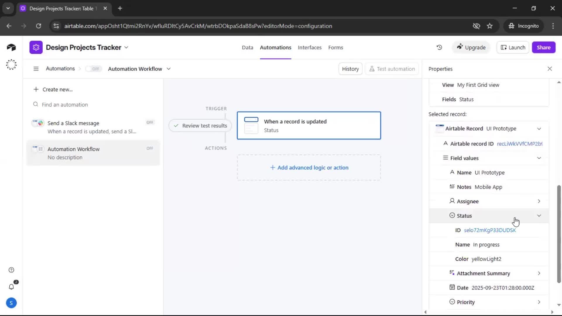 Creating an automation workflow screenshot