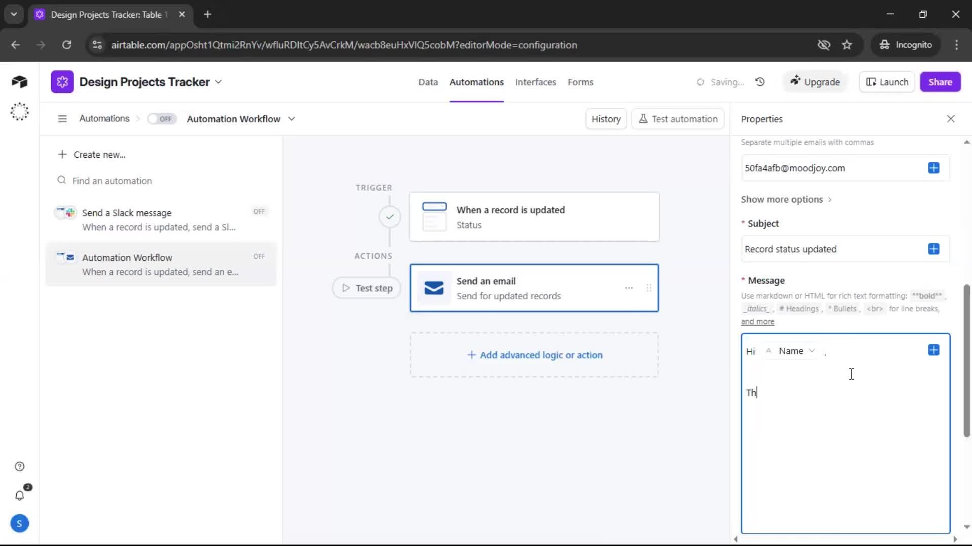 Creating an automation workflow screenshot