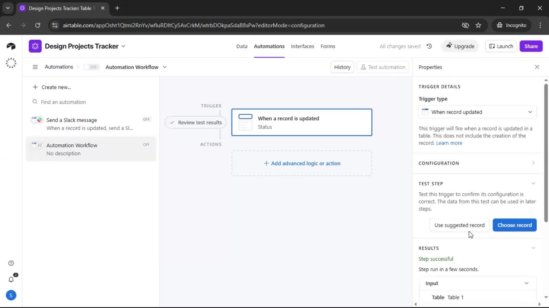 Creating an automation workflow screenshot