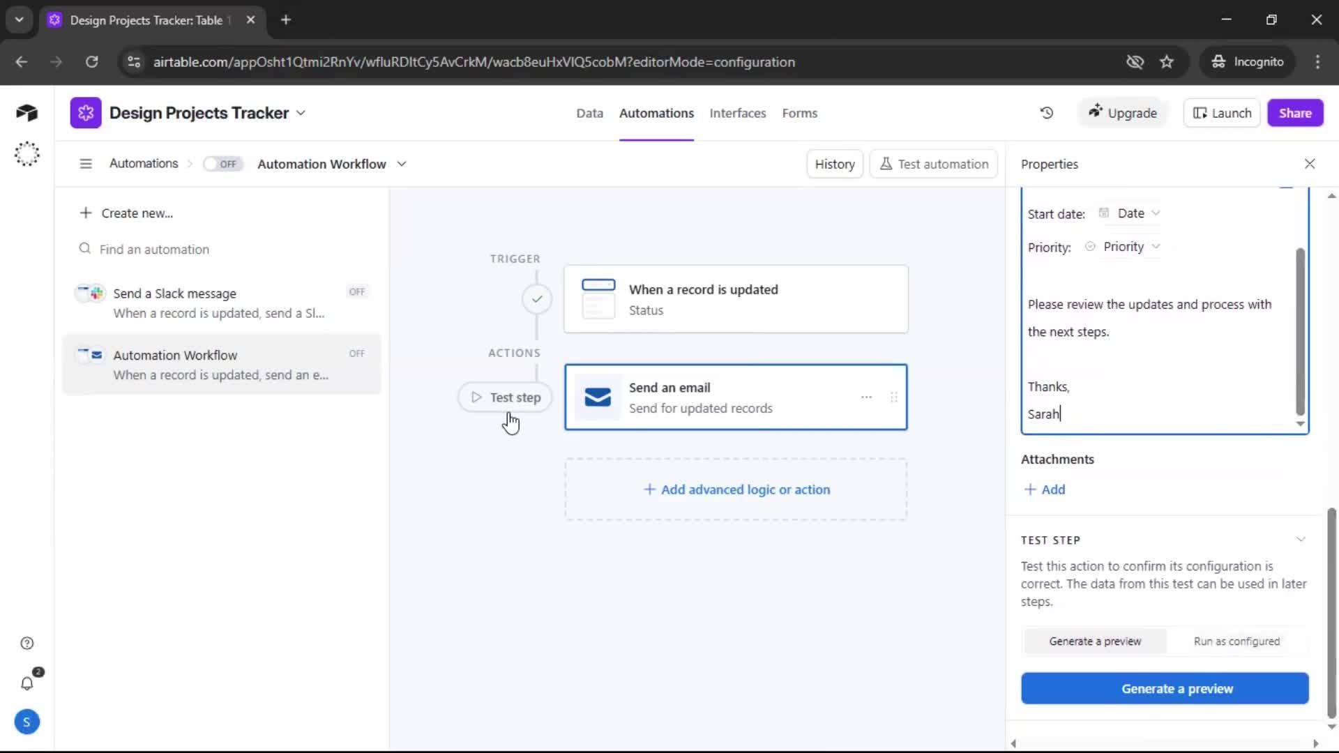 Creating an automation workflow screenshot