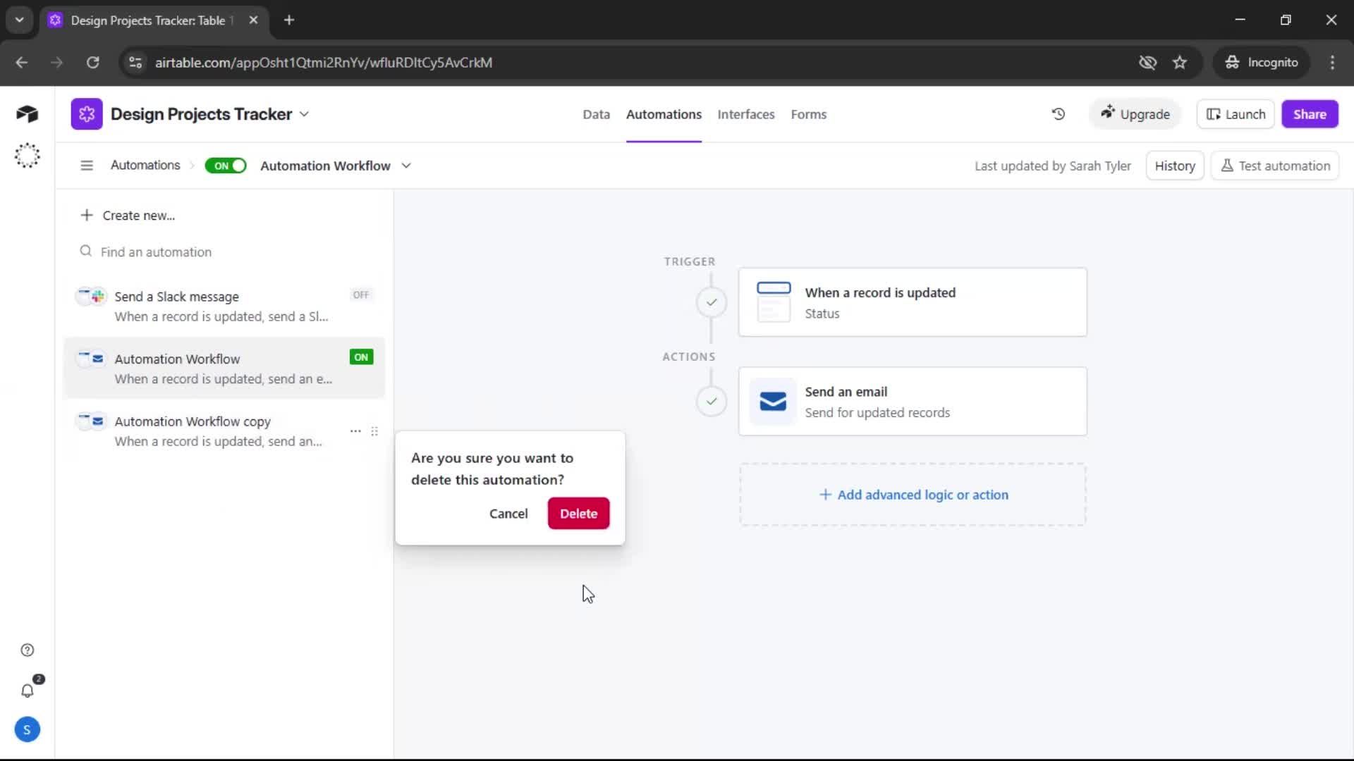 Creating an automation workflow screenshot