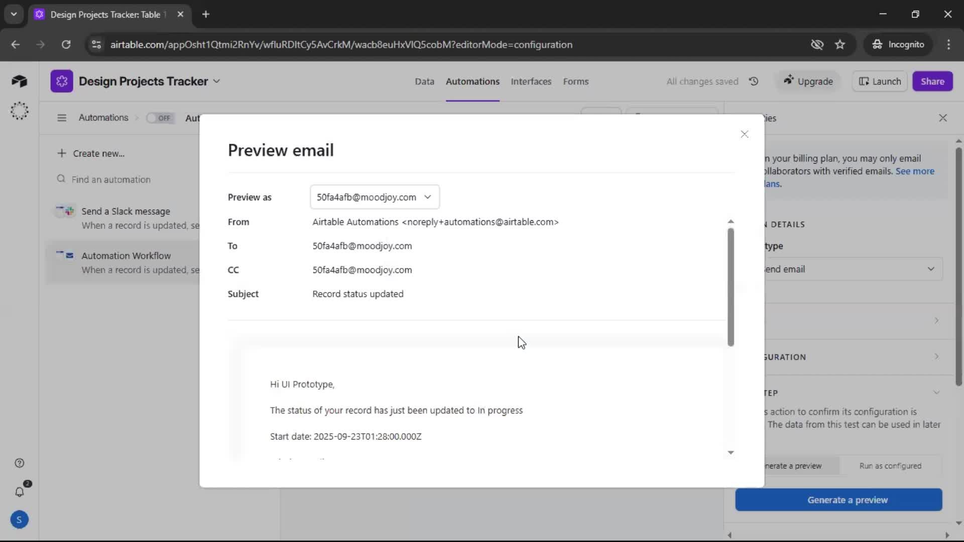 Creating an automation workflow screenshot