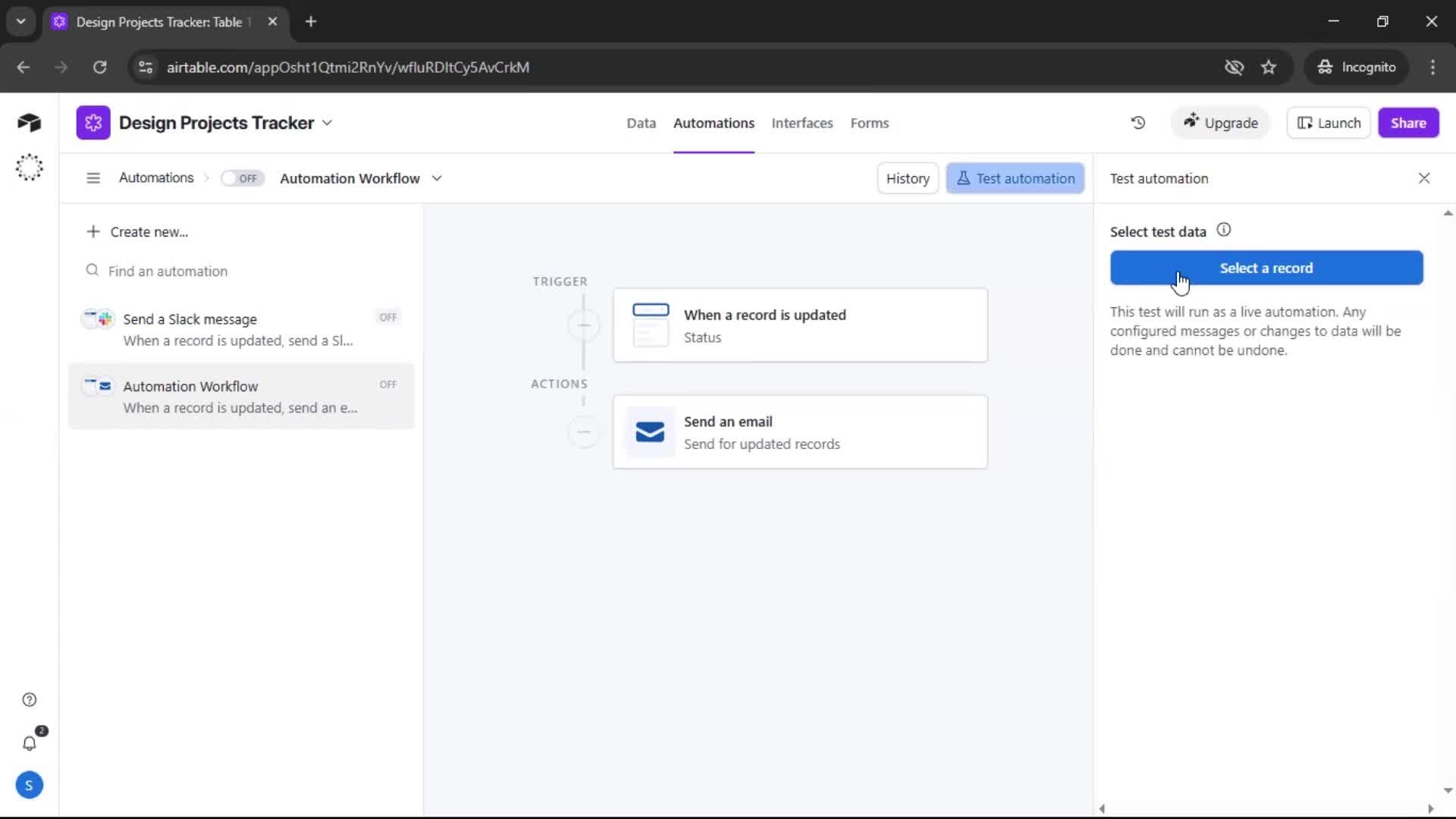 Creating an automation workflow screenshot