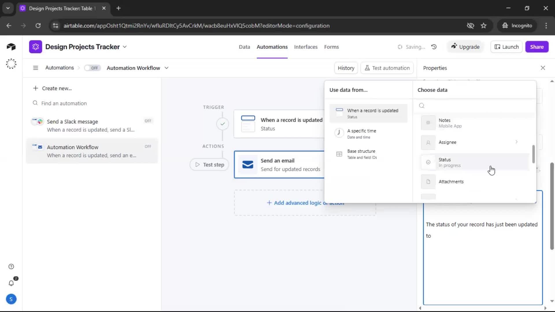 Creating an automation workflow screenshot