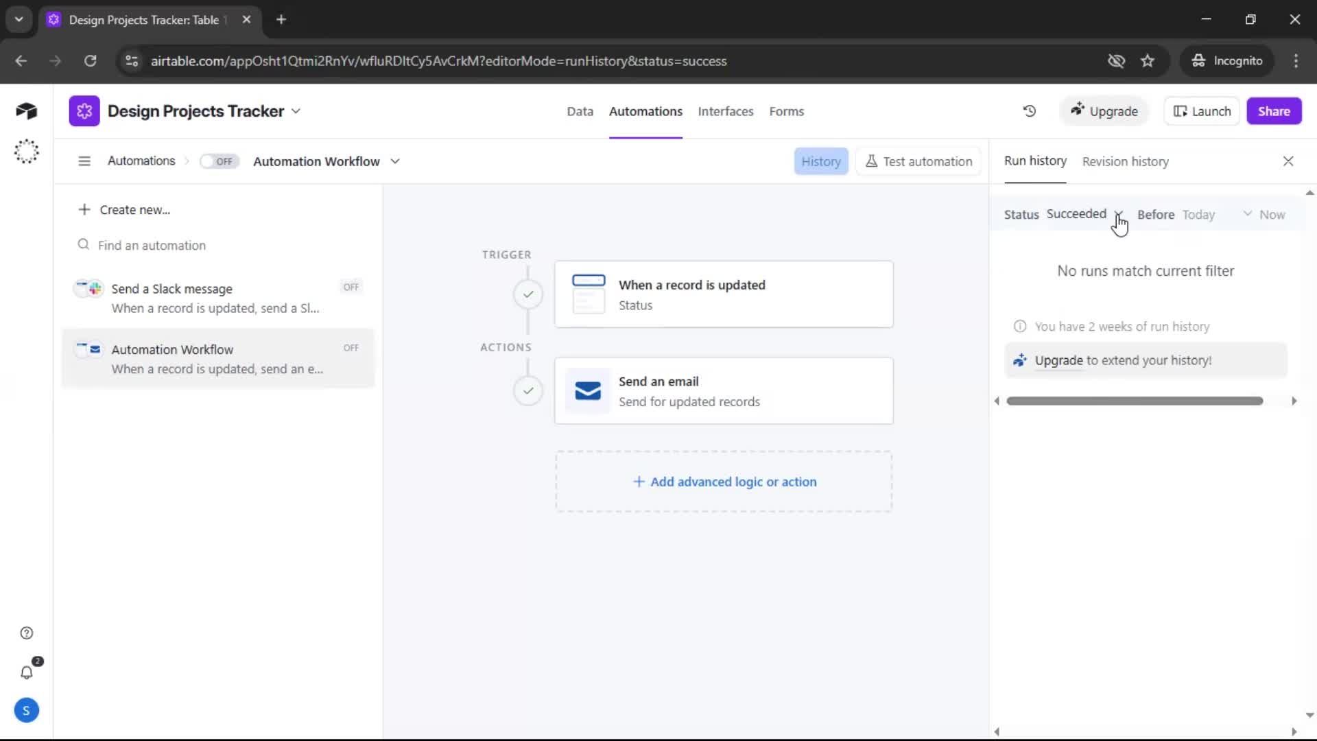 Creating an automation workflow screenshot