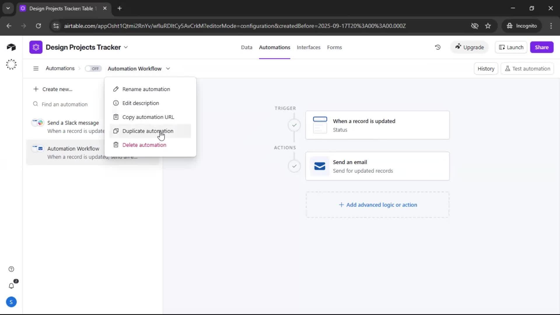 Creating an automation workflow screenshot
