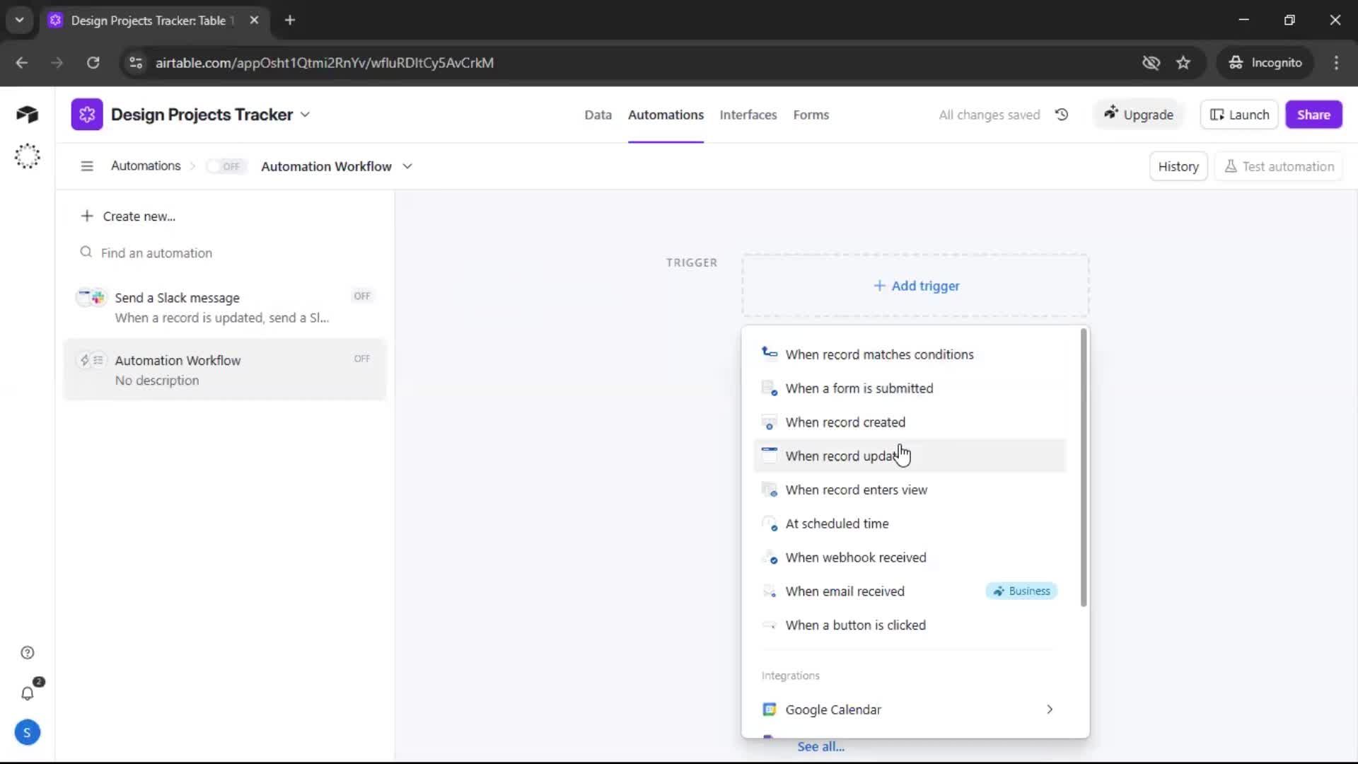 Creating an automation workflow screenshot