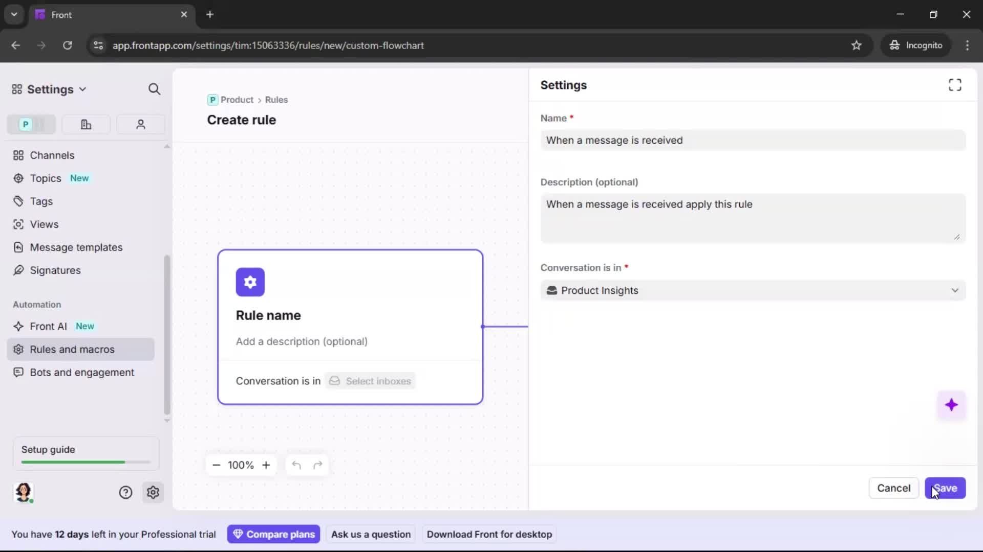 Creating an automation workflow screenshot