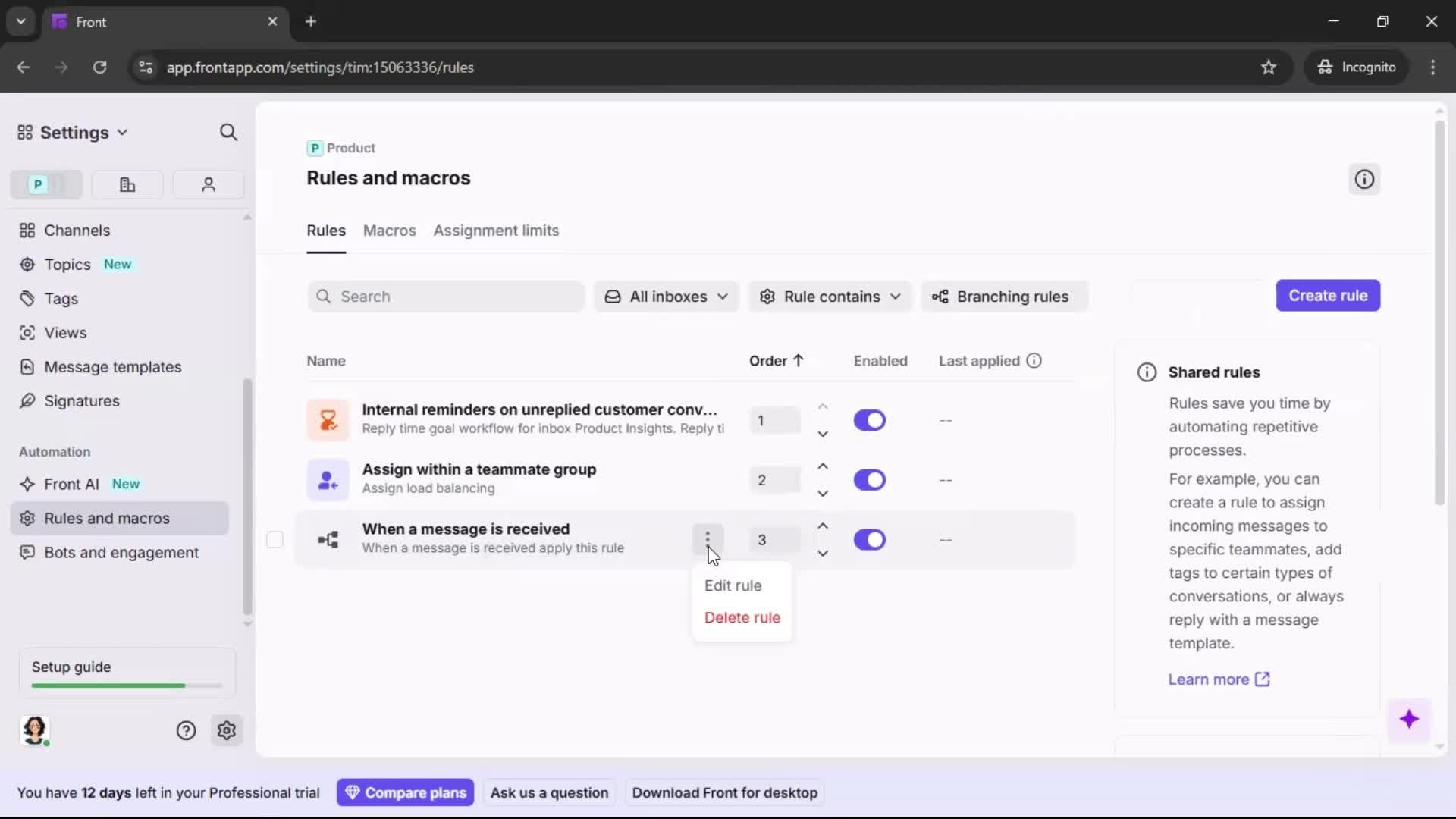 Creating an automation workflow screenshot