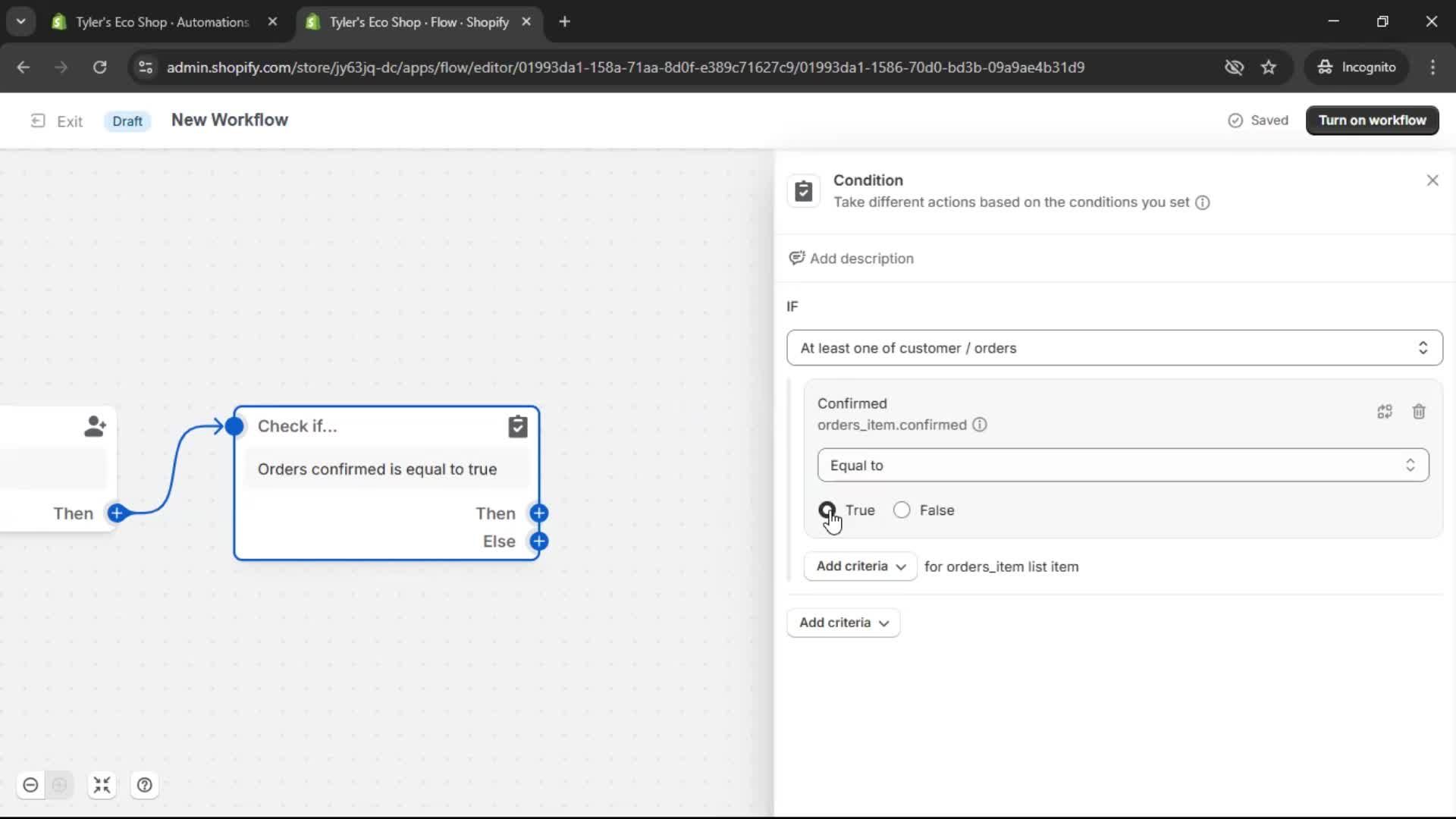 Creating an automation workflow screenshot