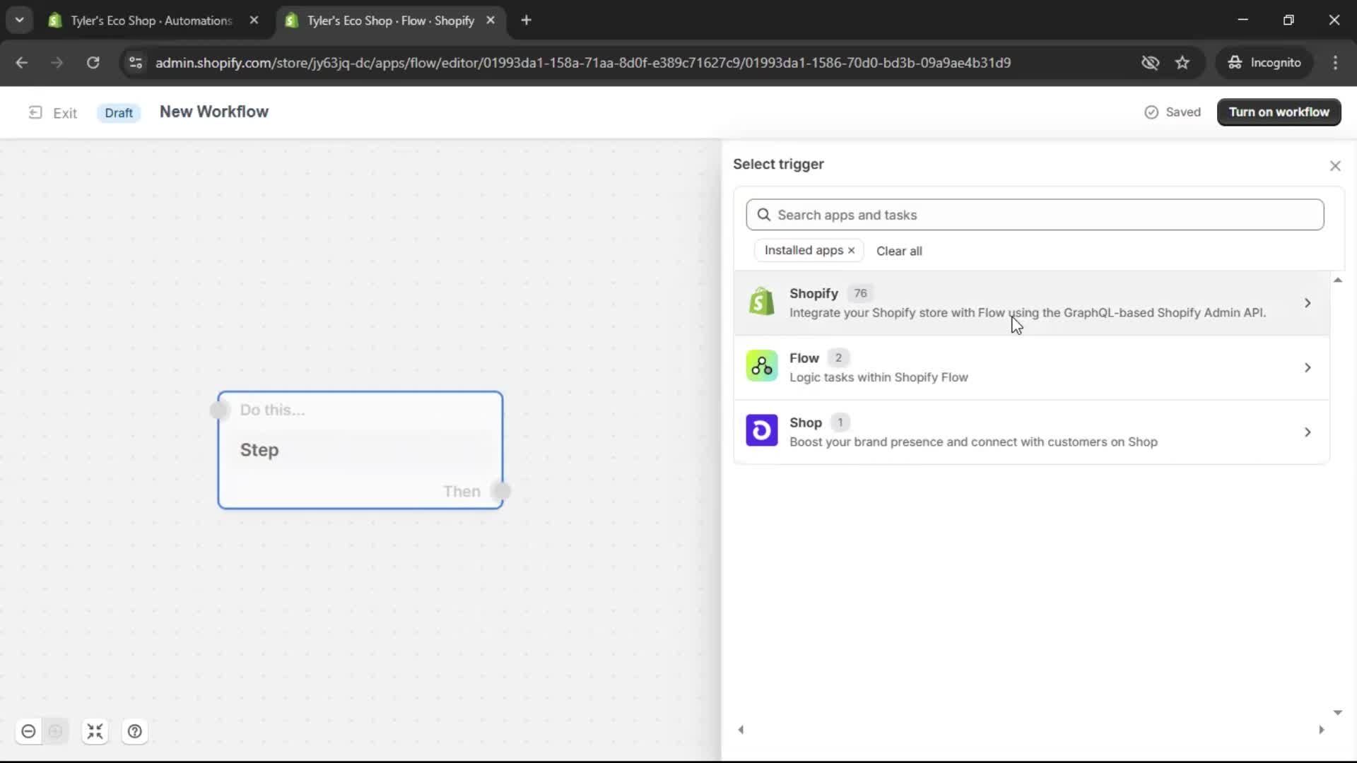 Creating an automation workflow screenshot