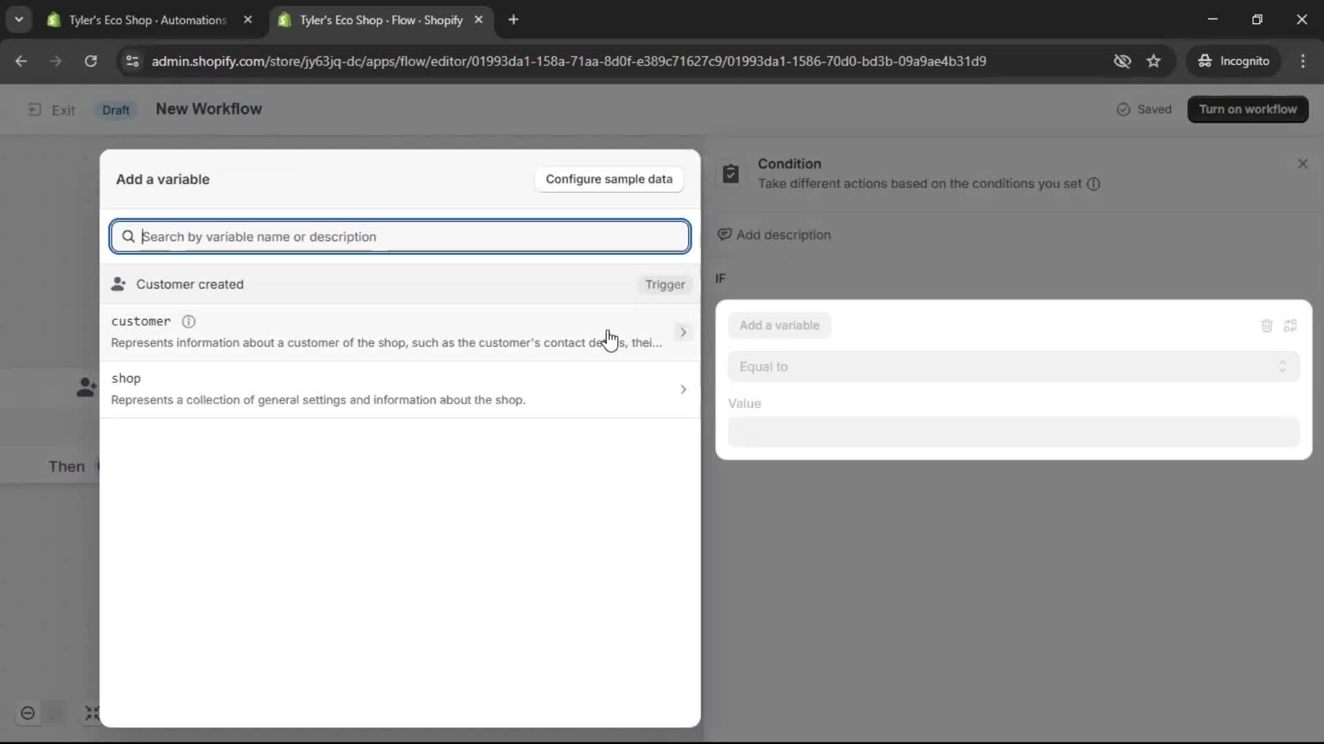 Creating an automation workflow screenshot