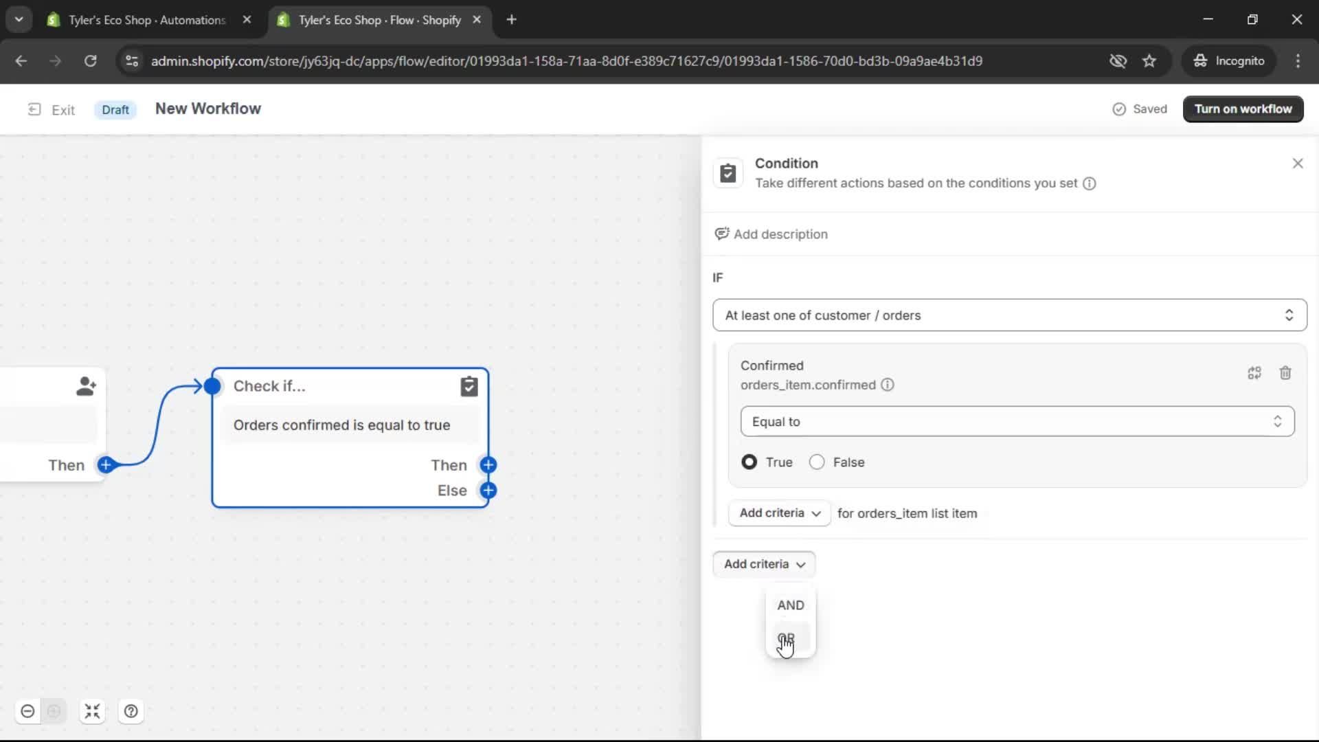 Creating an automation workflow screenshot