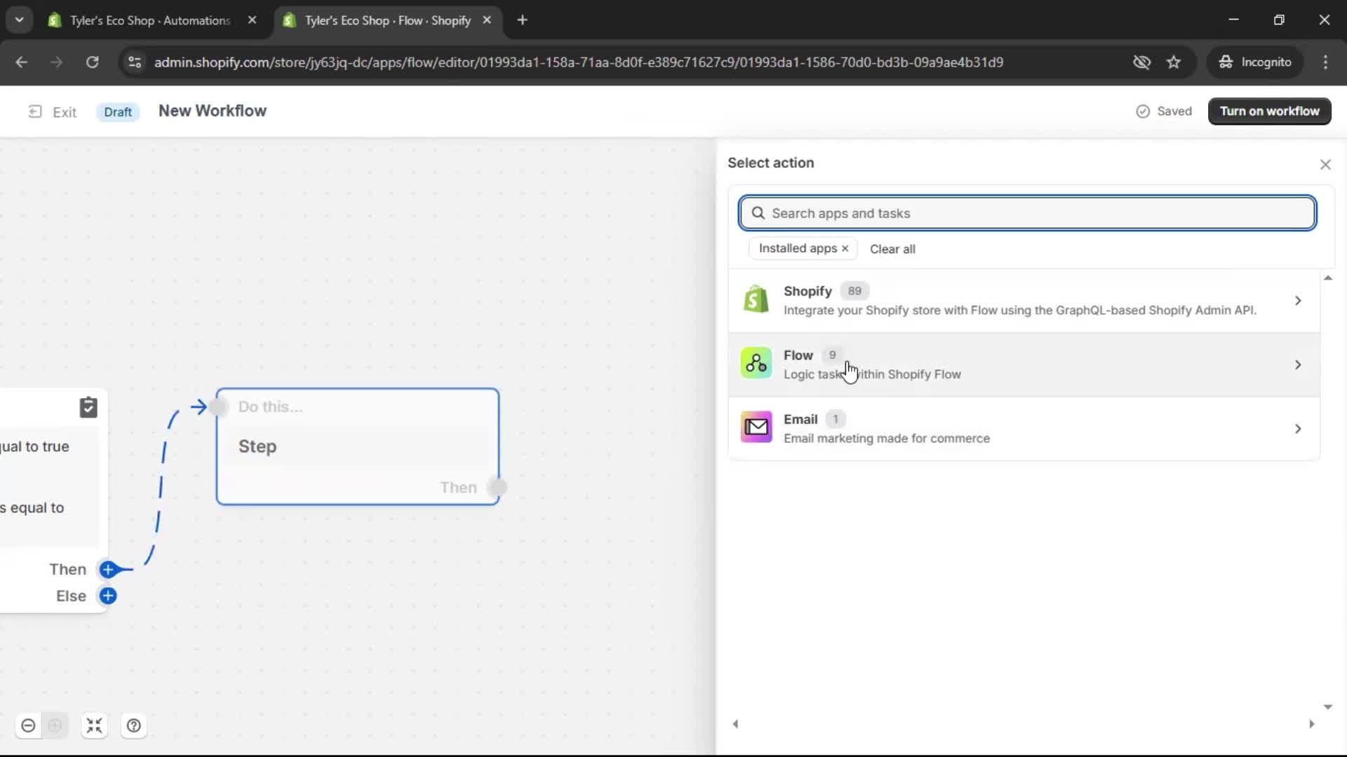 Creating an automation workflow screenshot