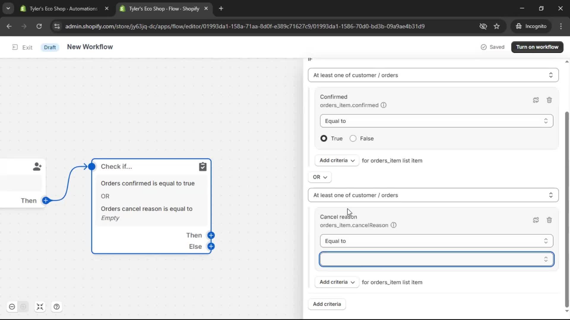 Creating an automation workflow screenshot