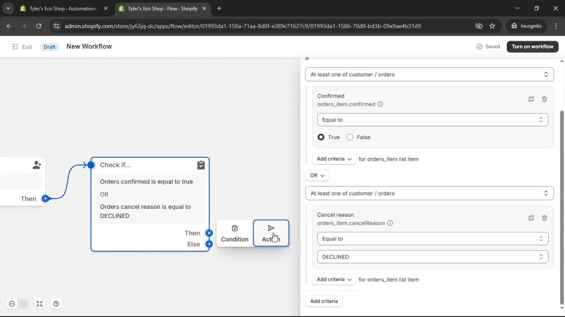 Creating an automation workflow screenshot