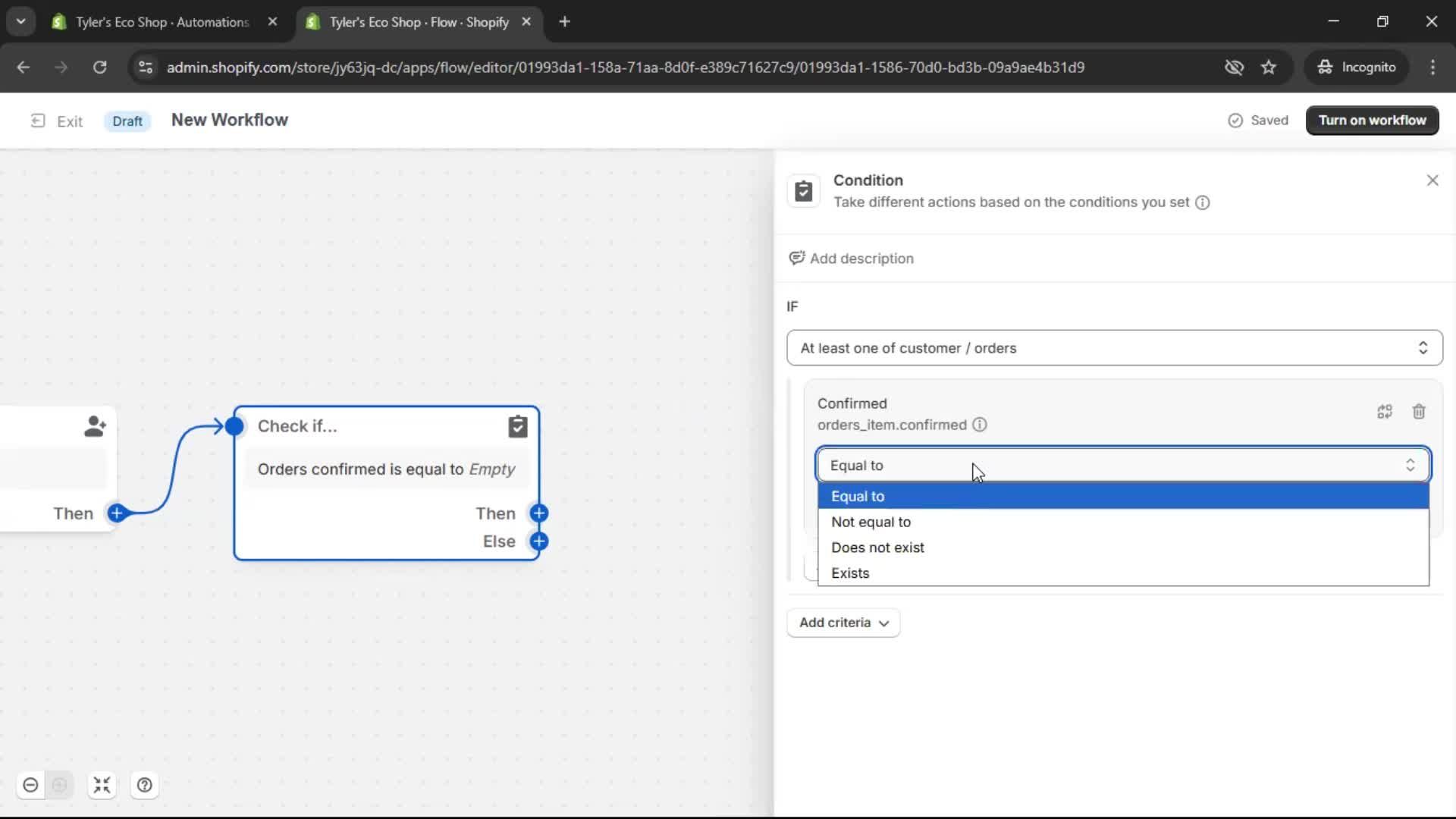 Creating an automation workflow screenshot