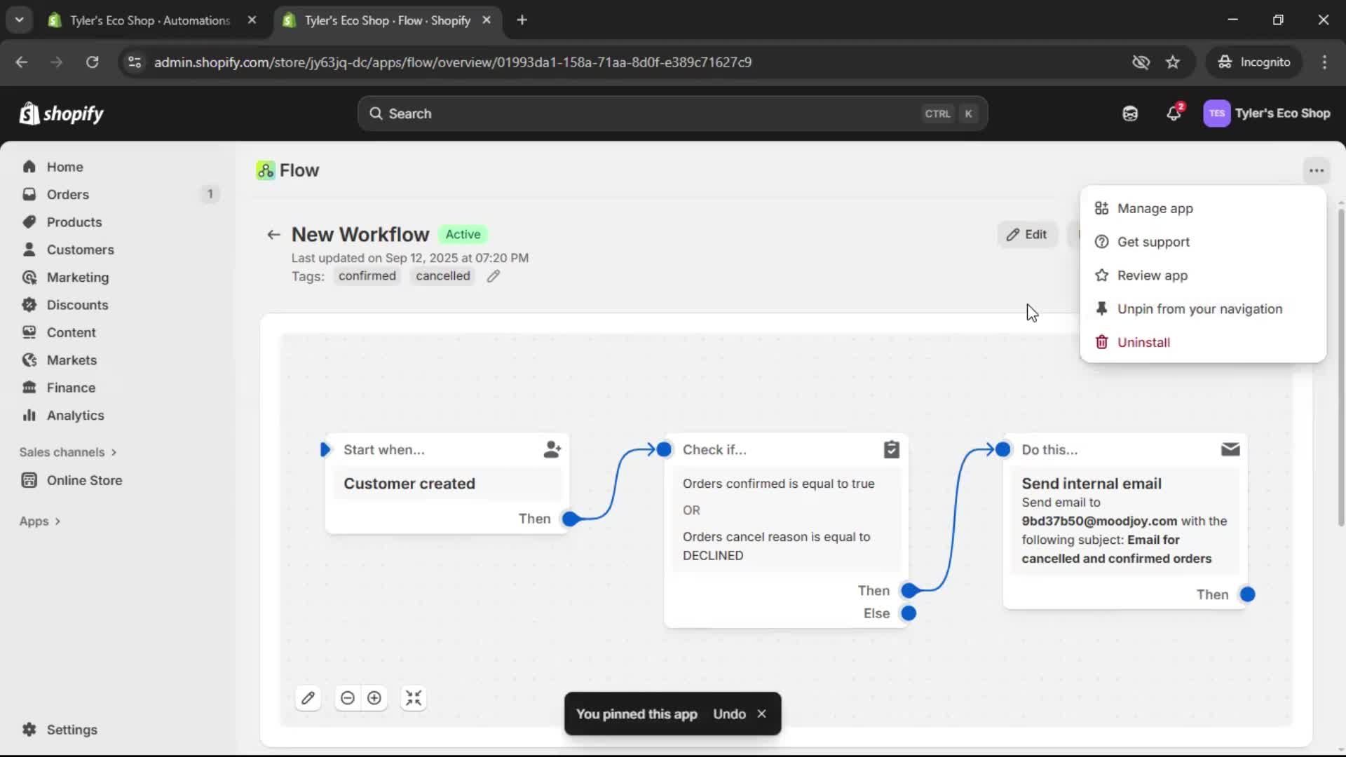 Creating an automation workflow screenshot