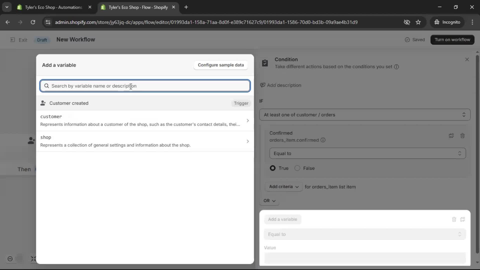 Creating an automation workflow screenshot