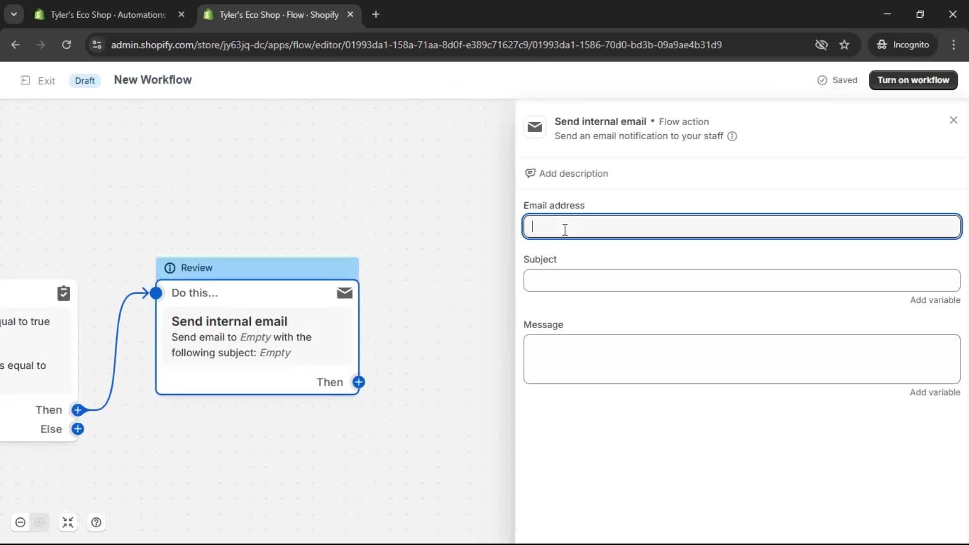 Creating an automation workflow screenshot
