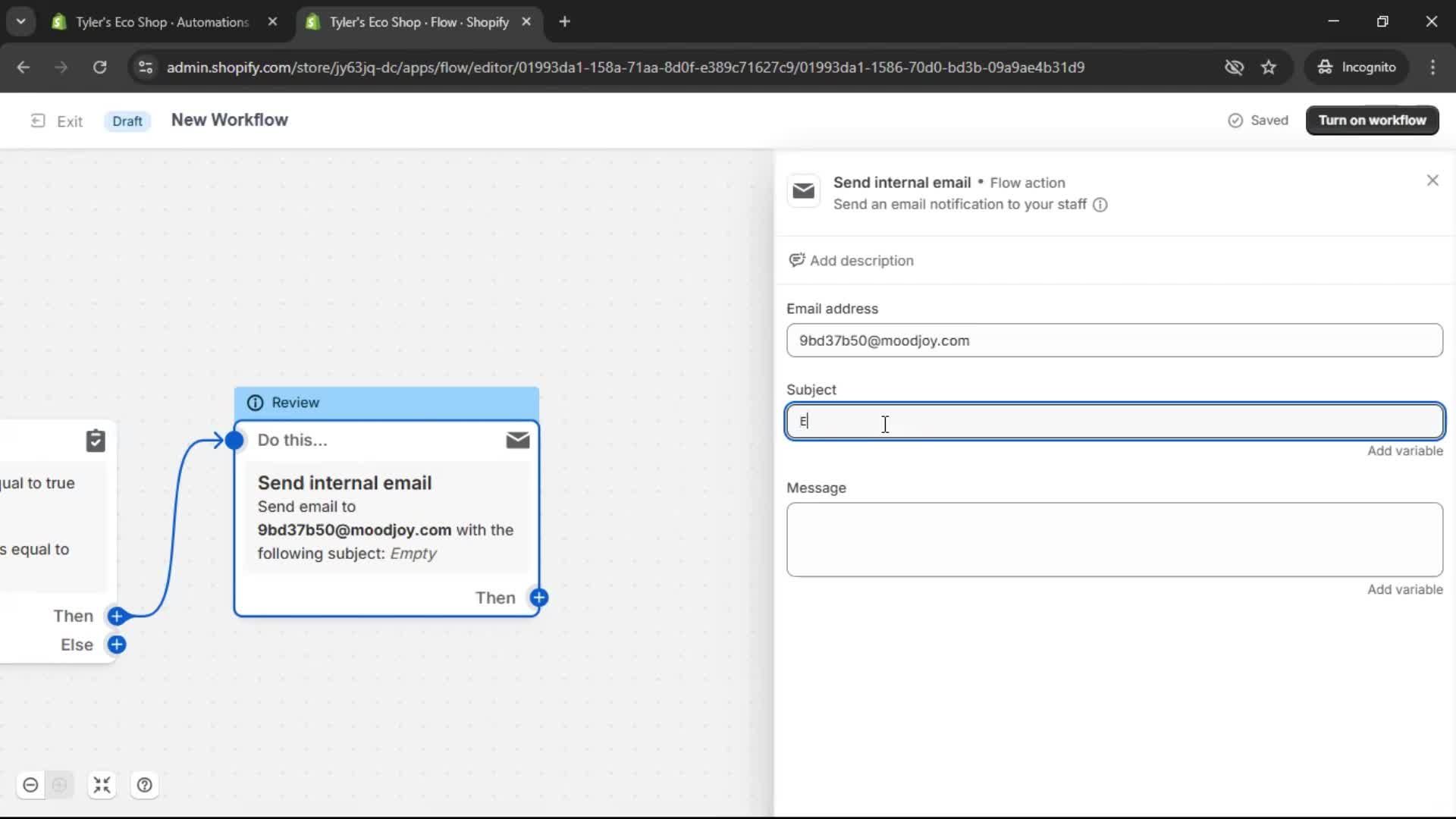 Creating an automation workflow screenshot