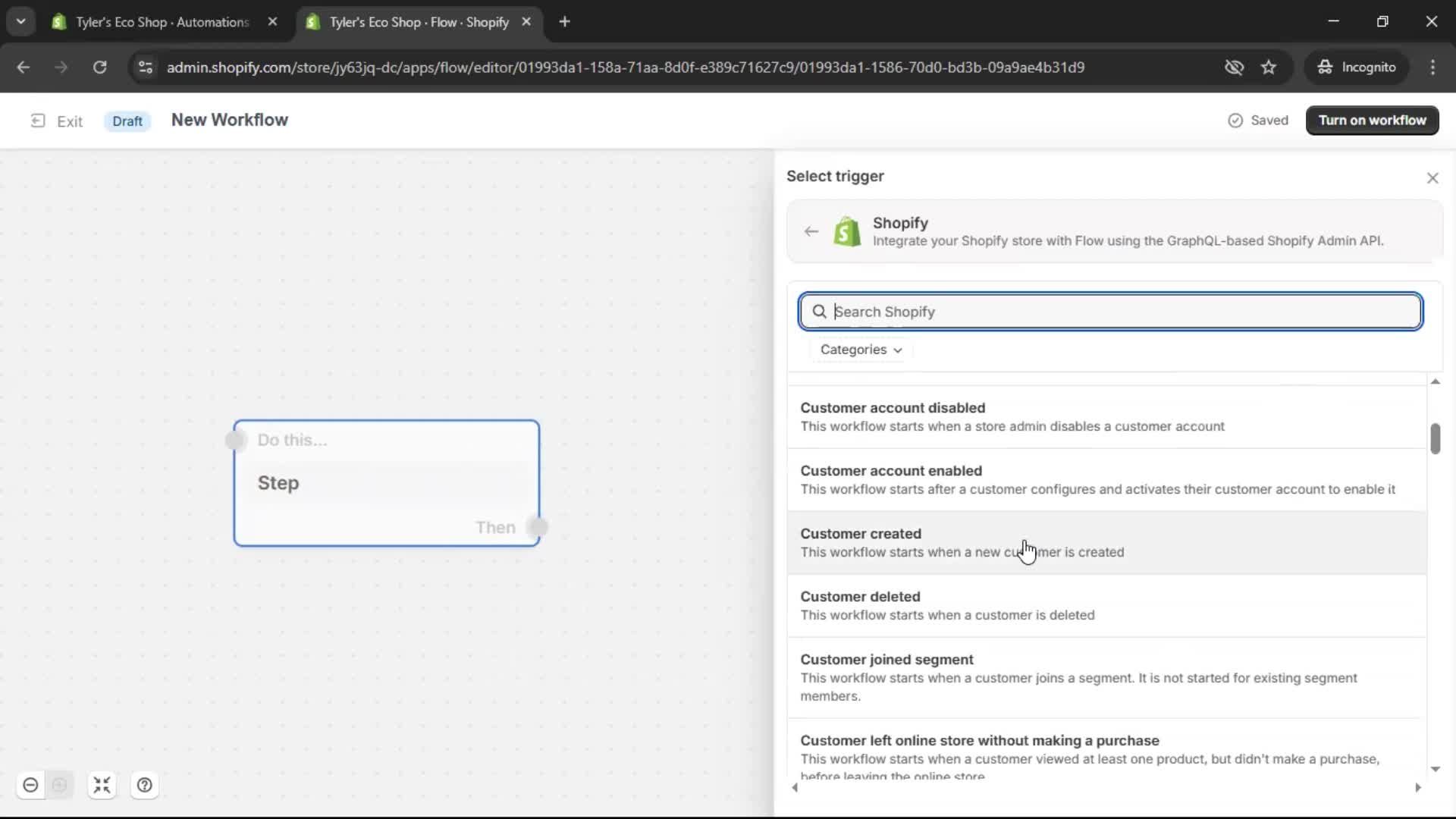 Creating an automation workflow screenshot