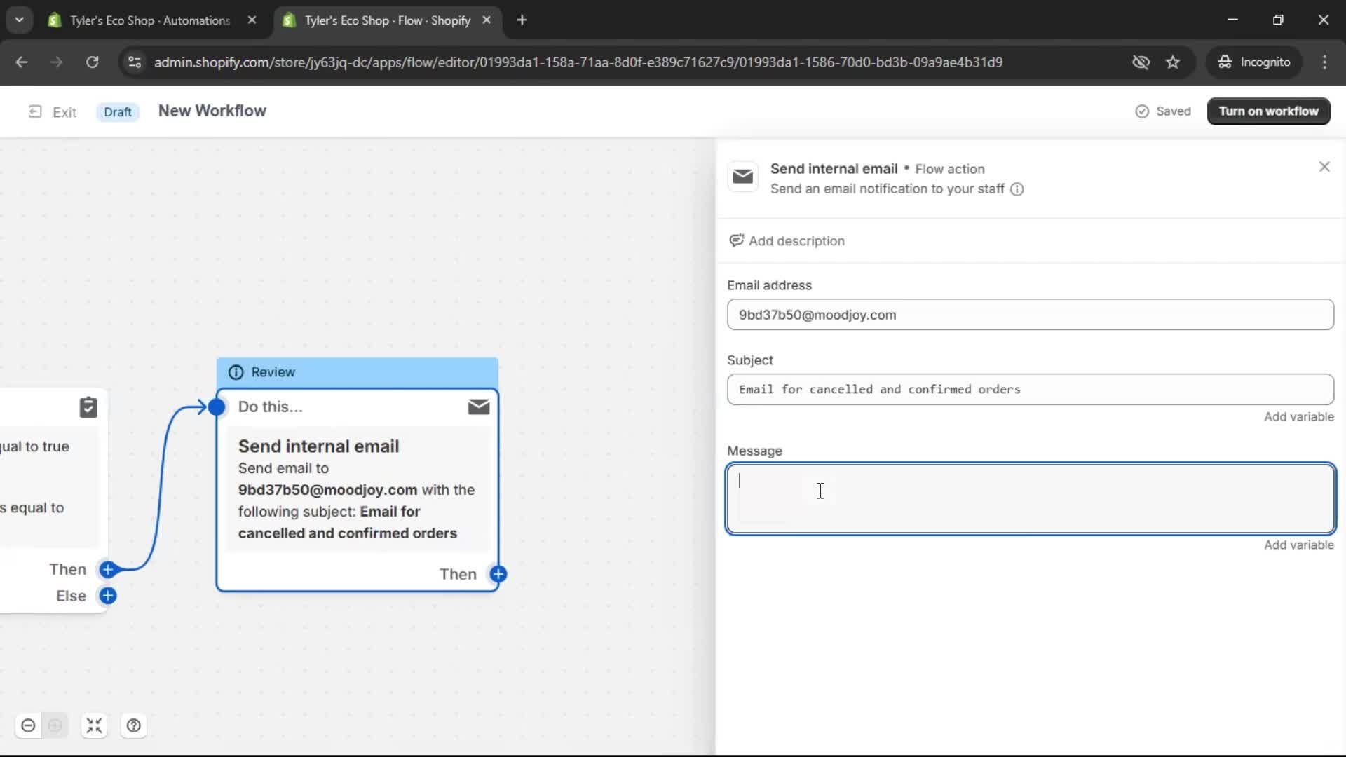 Creating an automation workflow screenshot