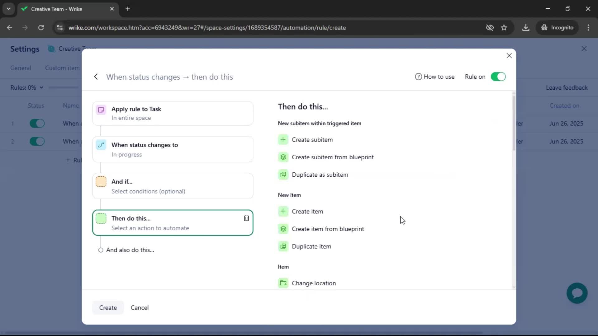 Creating an automation workflow screenshot