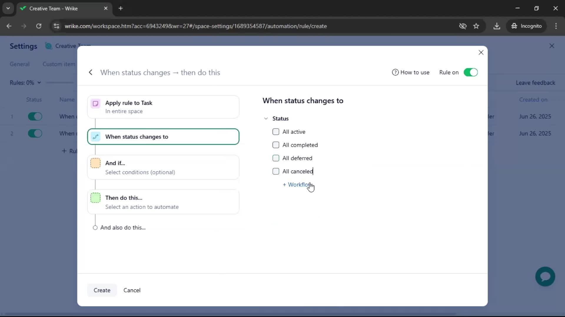 Creating an automation workflow screenshot