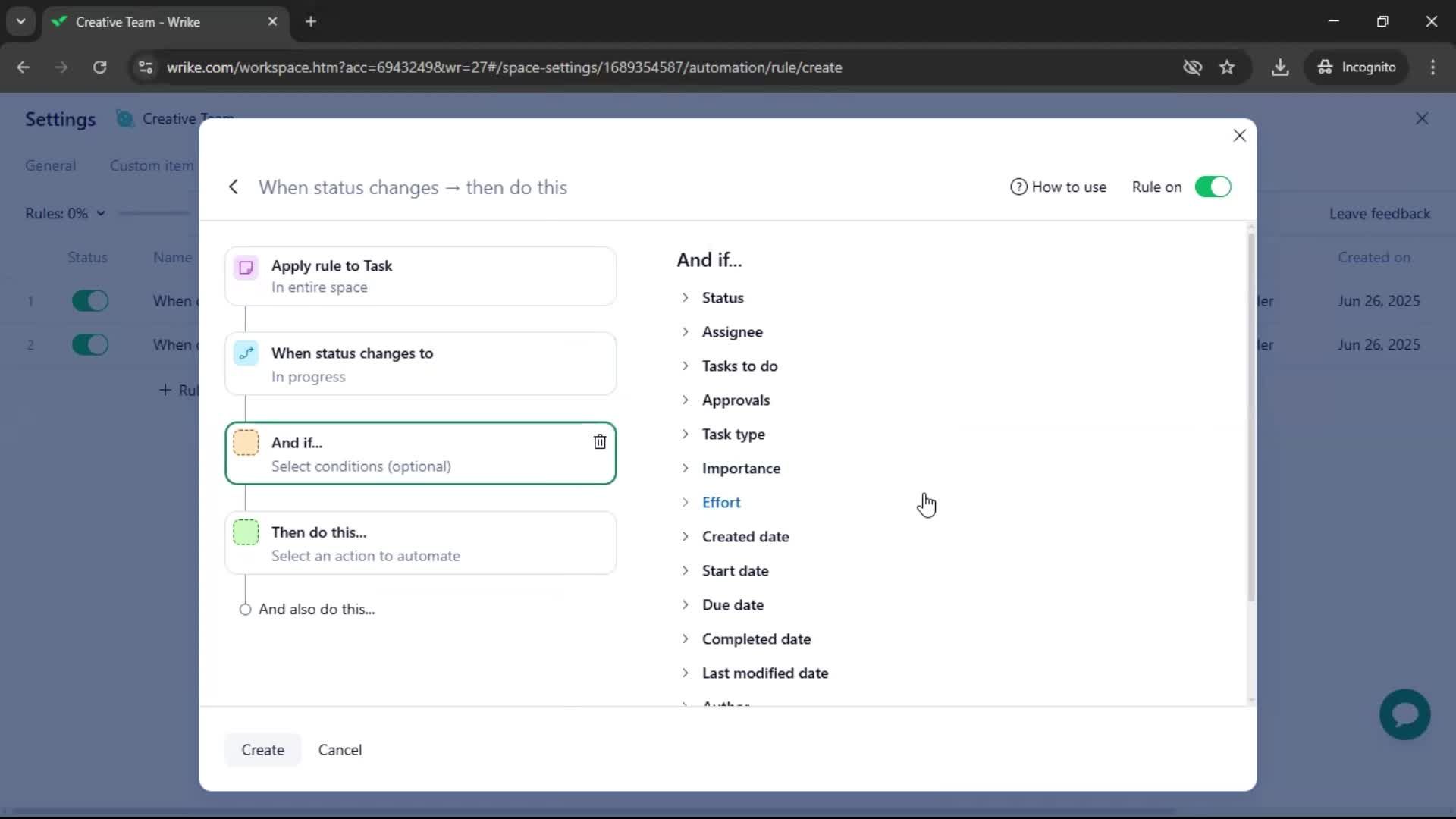Creating an automation workflow screenshot