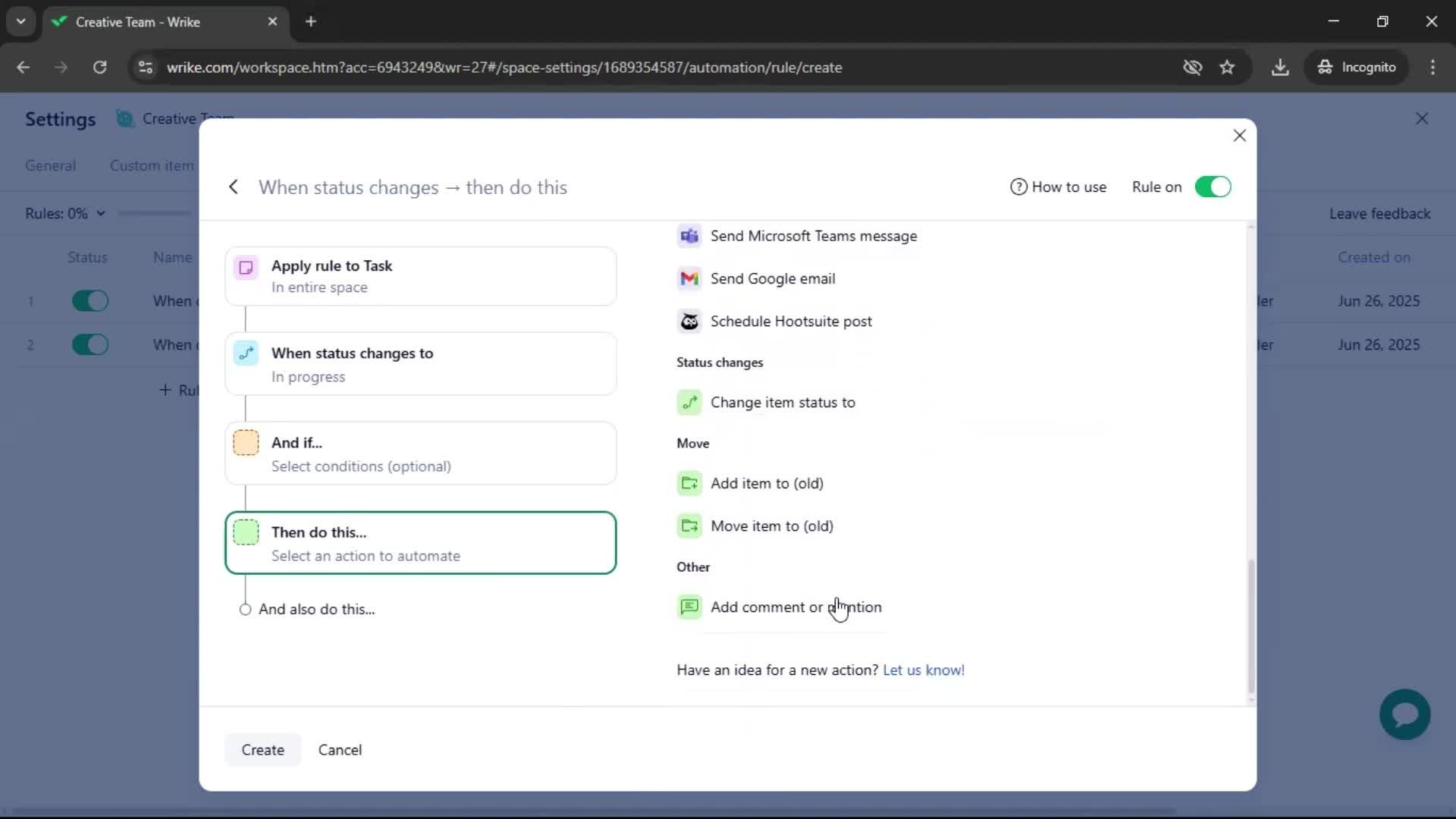 Creating an automation workflow screenshot