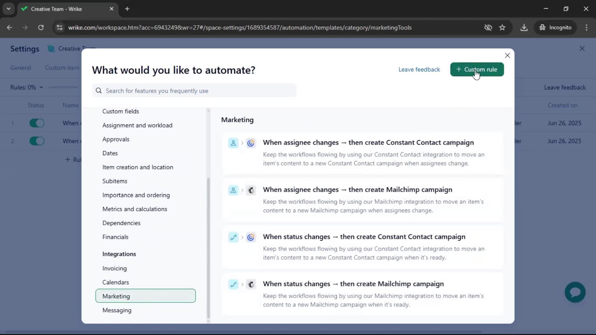 Creating an automation workflow screenshot