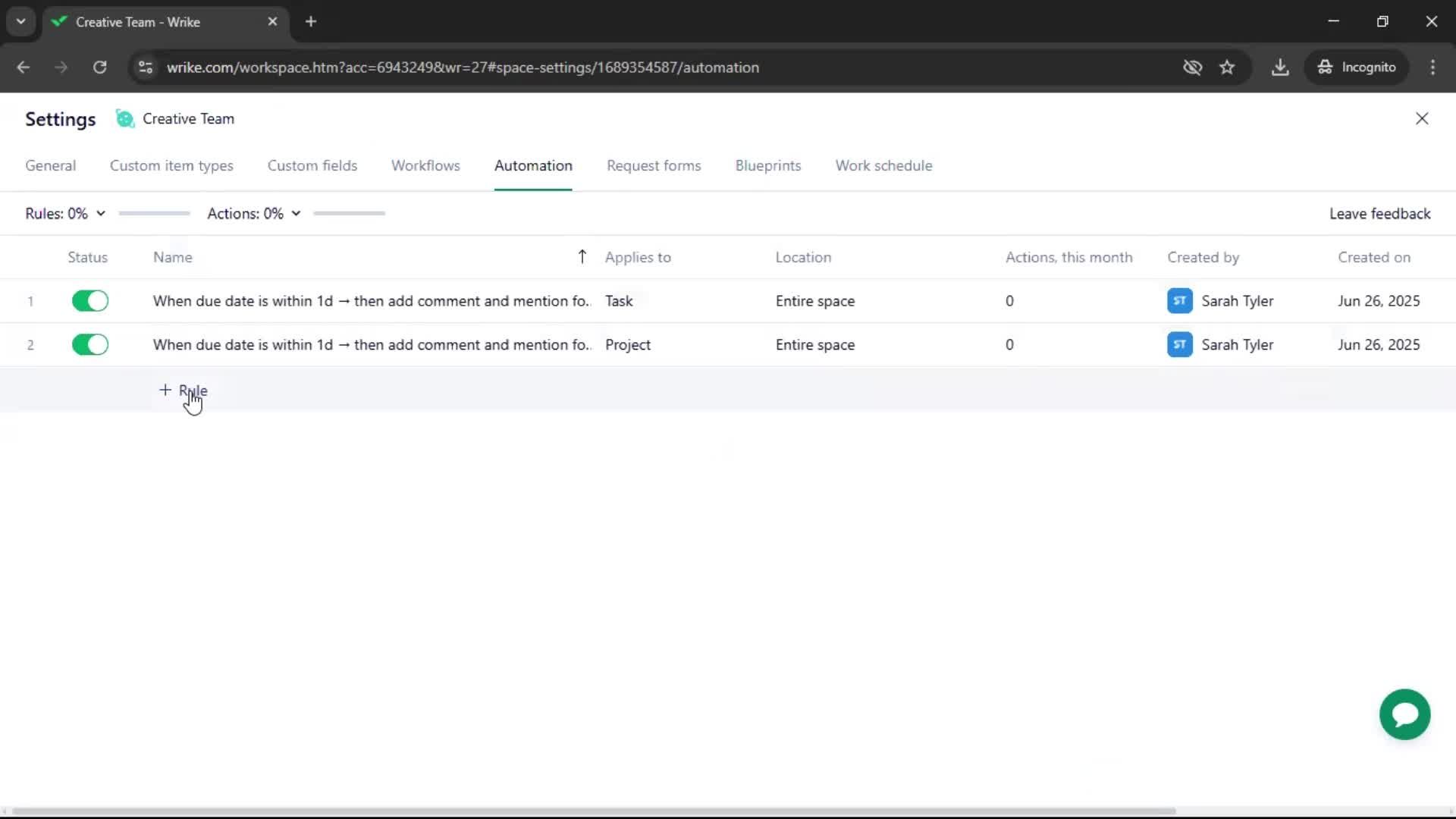 Creating an automation workflow screenshot