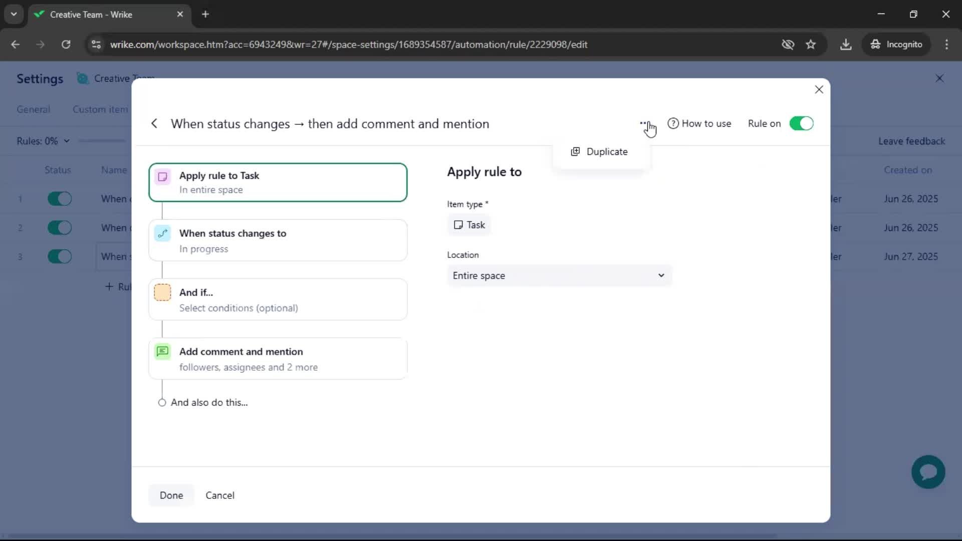 Creating an automation workflow screenshot