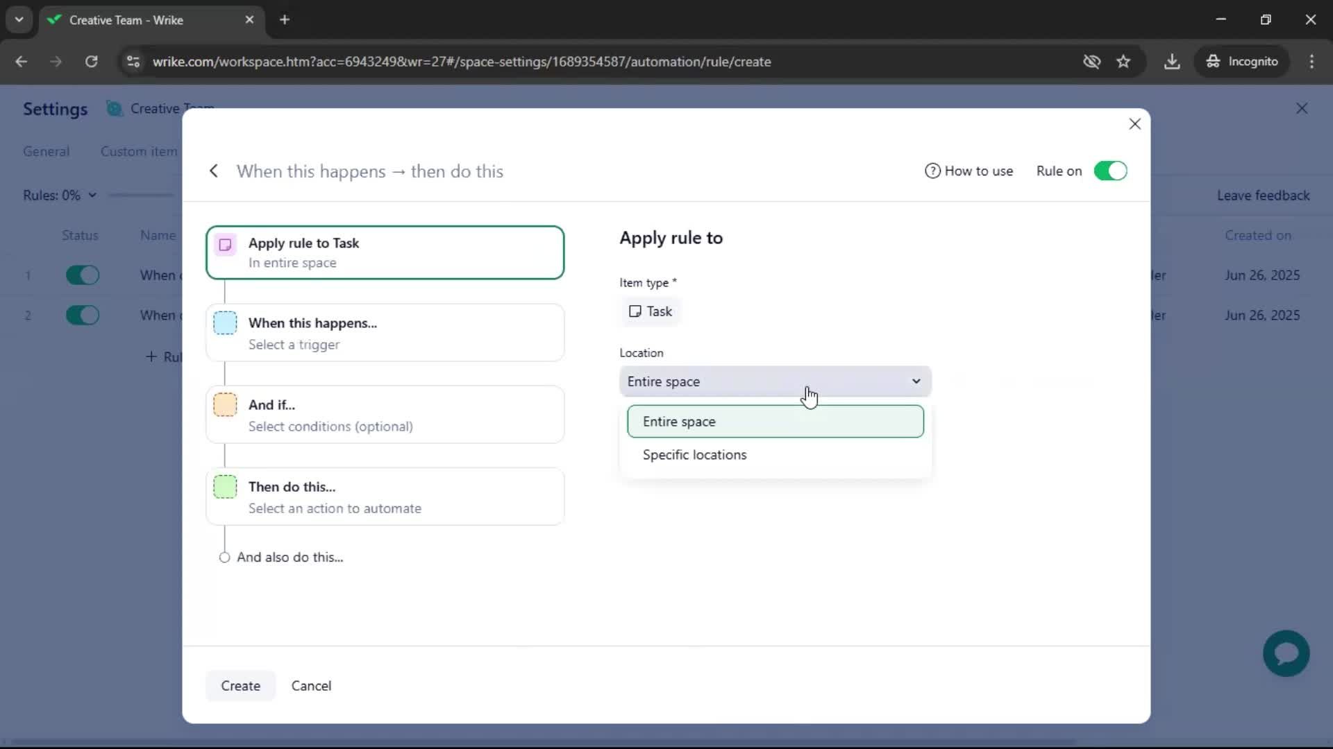 Creating an automation workflow screenshot