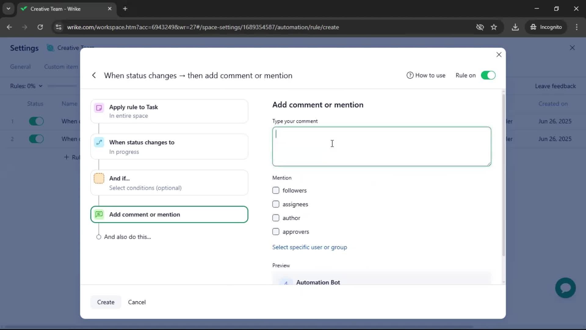 Creating an automation workflow screenshot