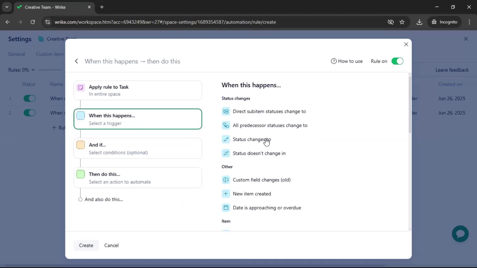 Creating an automation workflow screenshot