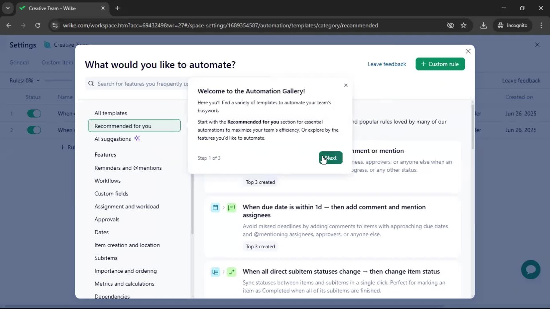 Creating an automation workflow screenshot